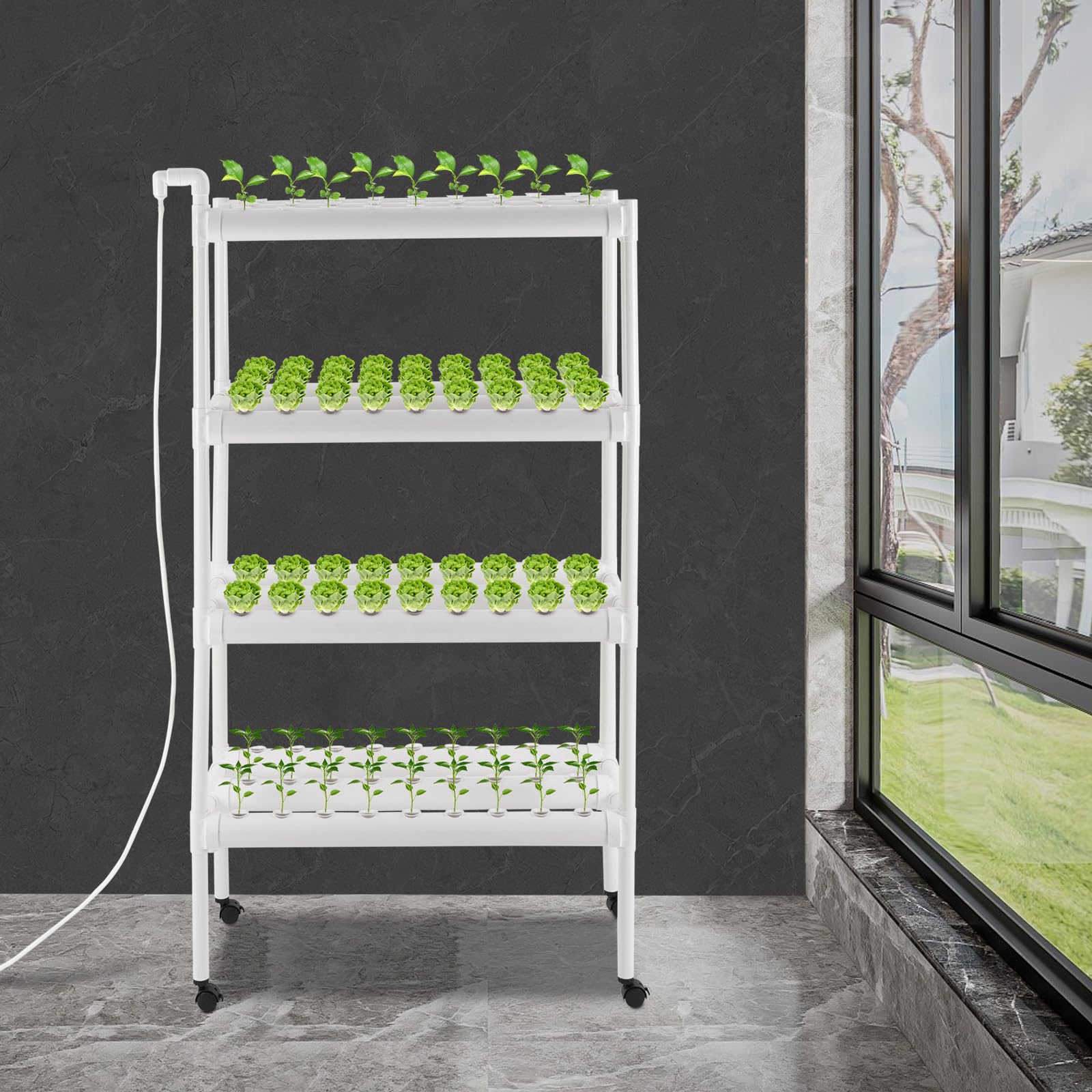 Biały system hydroponiki, 4-poziomowy, 108 otworów na rośliny, zestaw hydroponicznych do uprawy roślin, z pompą wodną, timerem, 12 rurek PCW i 4 rolkami, do ziół, sałatek, warzyw, uprawy