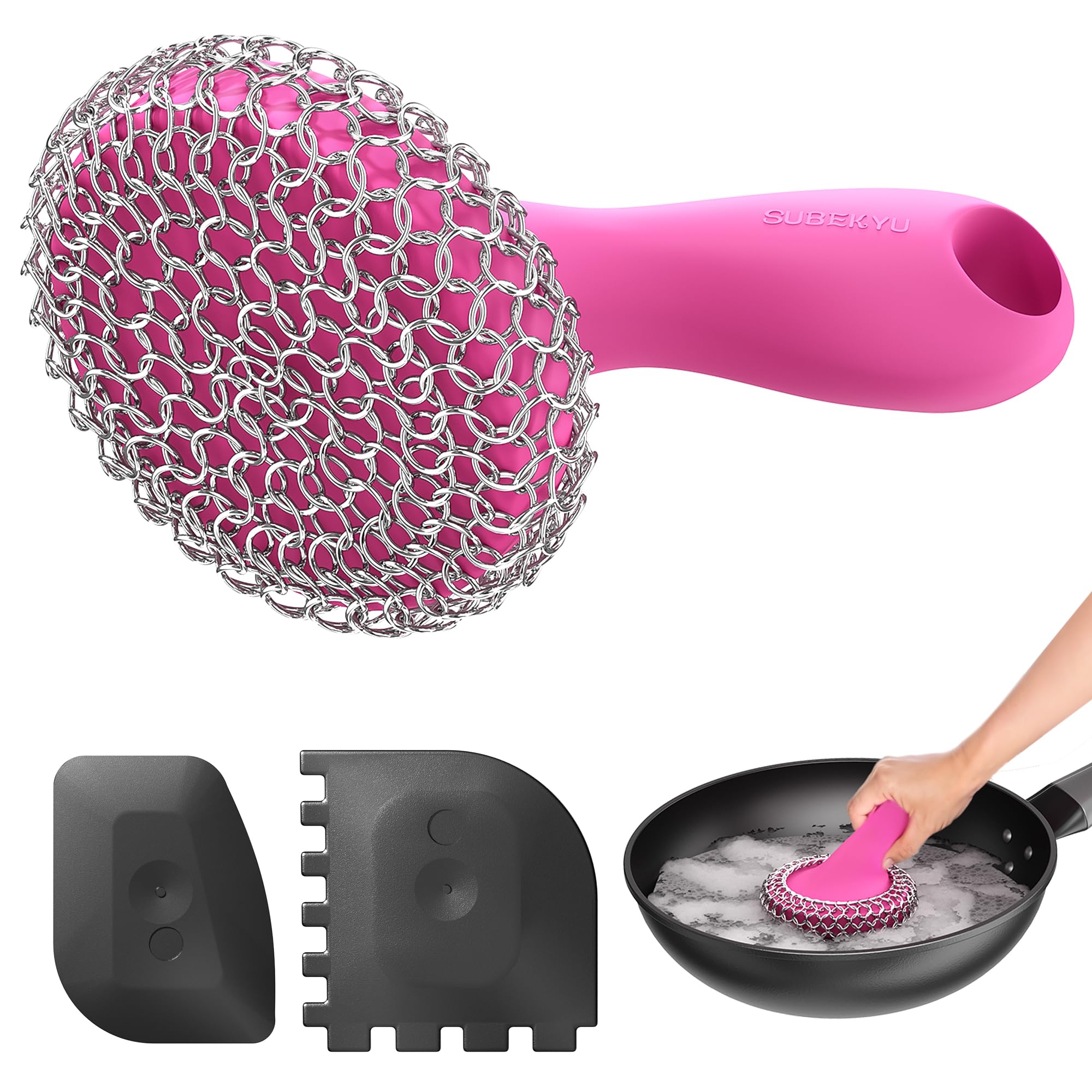 SUBEKYU Cast Iron Scrubber with Silicone Handle, Stainless Steel Skillet Cleaner for Cast Iron Pans (Pink Scrubber + Scraper)
