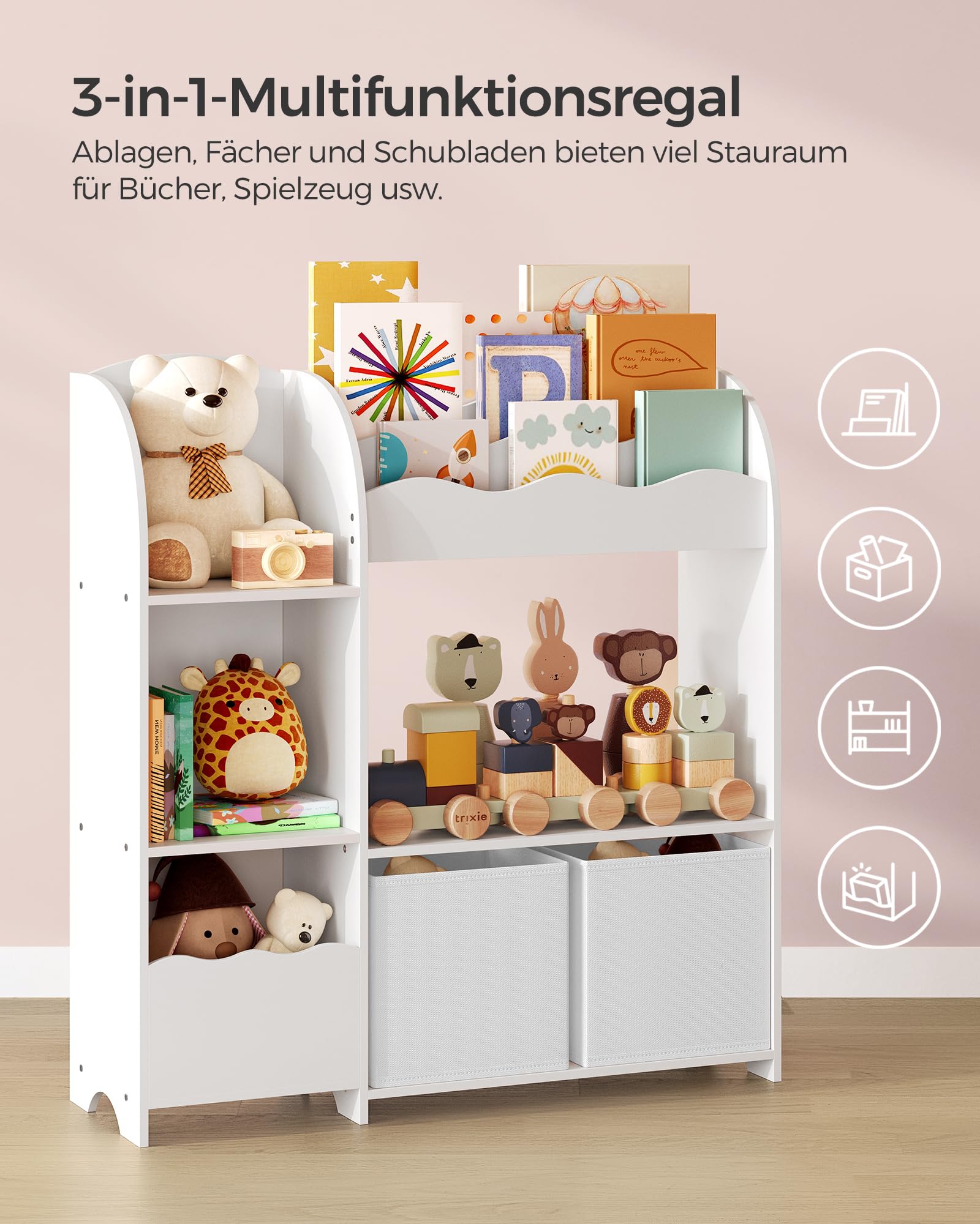 SONGMICS Bücherregal Kinder, Kinderregal, Spielzeugregal mit 2 Aufbewahrungsboxen, für Bücher, Kinderzimmer, Spielzimmer, Wohnzimmer, wolkenweiß GKR042W01
