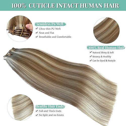 Miniatura 4 de Extensiones de cabello humano con clip, sin costuras, rubio balayage, color rubio ceniza, extensiones de cabello humano real, extensiones de cabello