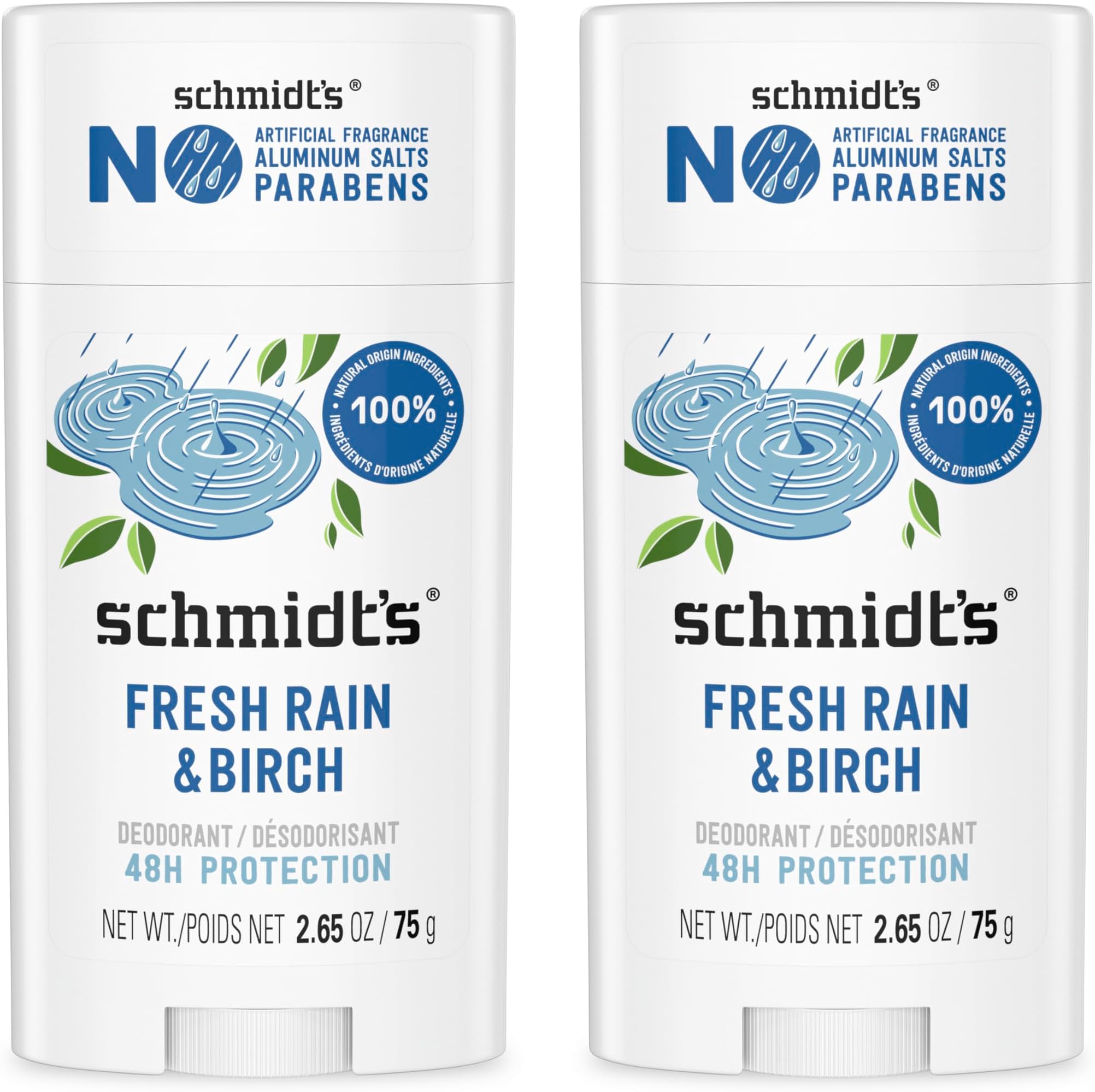Aluminum-Free Vegan Deodorant Fresh Rain & Birch with 24 Hour Odor Protection, 2 Count for Women and Men, Natural Ingredients, Cruelty-Free, 2.65 oz