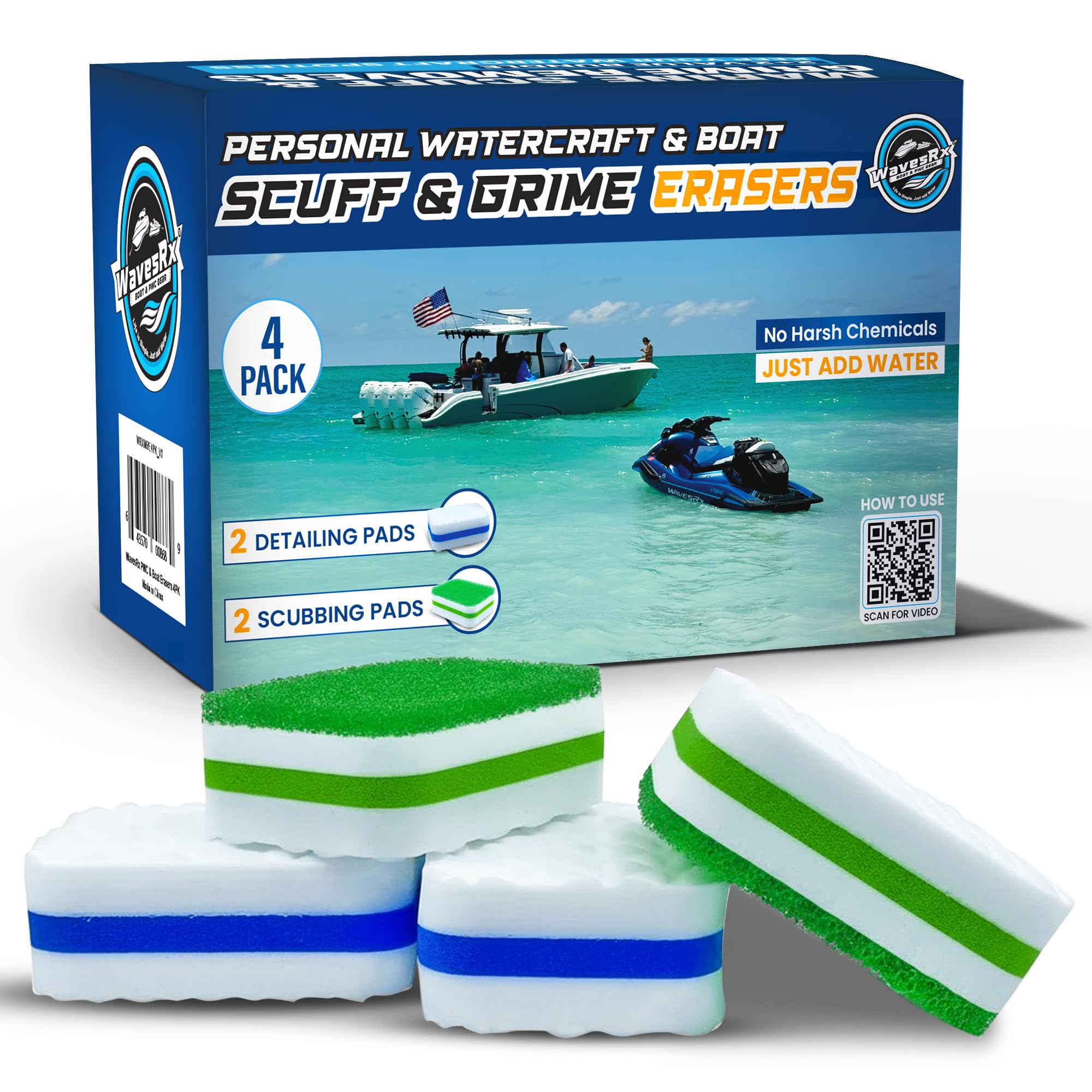 WAVESRX Marine Scuff and Dirt Eraser Sponges for Boats, Jet Ski & PWC | Magic Cleaning Pads Effortlessly Remove Deck Marks, Scratches, Black Streaks and Grease | No Harsh Chemicals