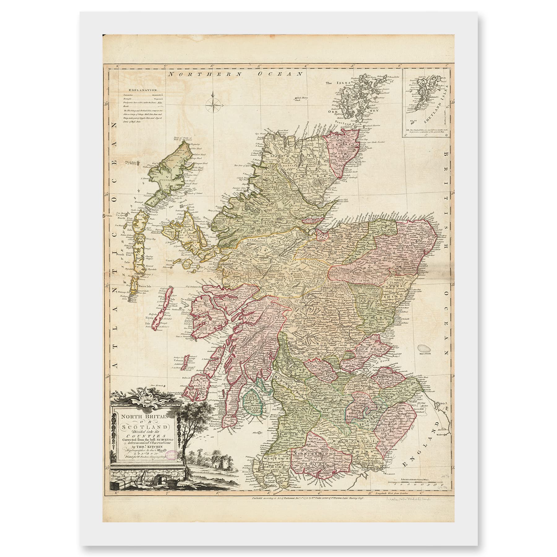 Artery8 Kitchin 1778 Map Scotland Counties North Britain Artwork Framed Wall Art Print A4
