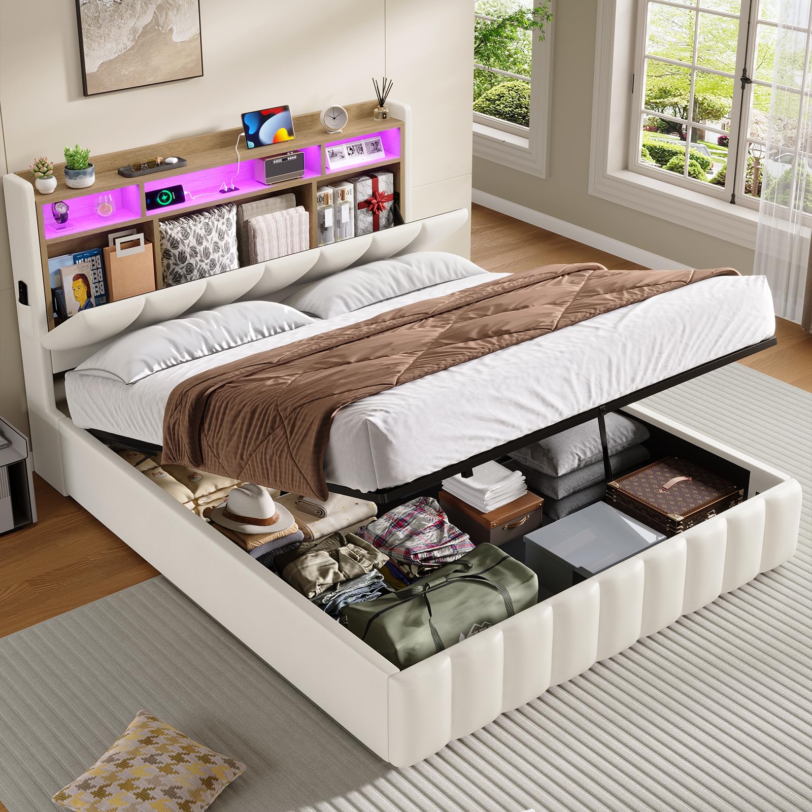 KIMENICH Lit Coffre 140 x 190 à LED, lit Hydraulique avec Étagères Ouvertes et Rangement Caché en Tête de Lit Capitonné, Lit 2 Personnes avec Lattes en Bois, Lits 140 x 190 avec Sommier en PU Blanc