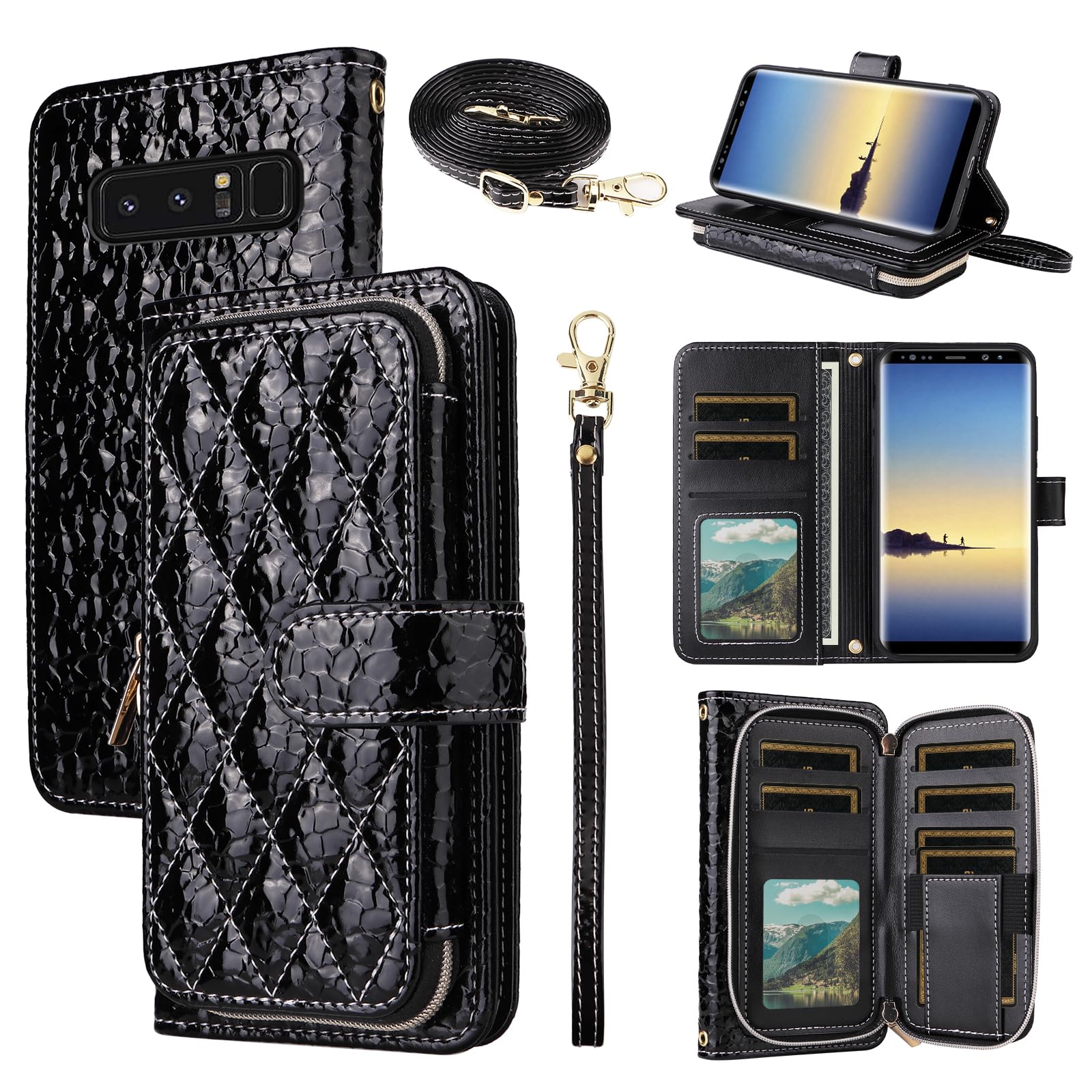 Furiet Argyle Wallet Case for Samsung Galaxy Note 8 with Crossbody/Wrist Strap Lanyard Luxury PU Leather Kickstand Zipper Purse Shockproof Card Holder