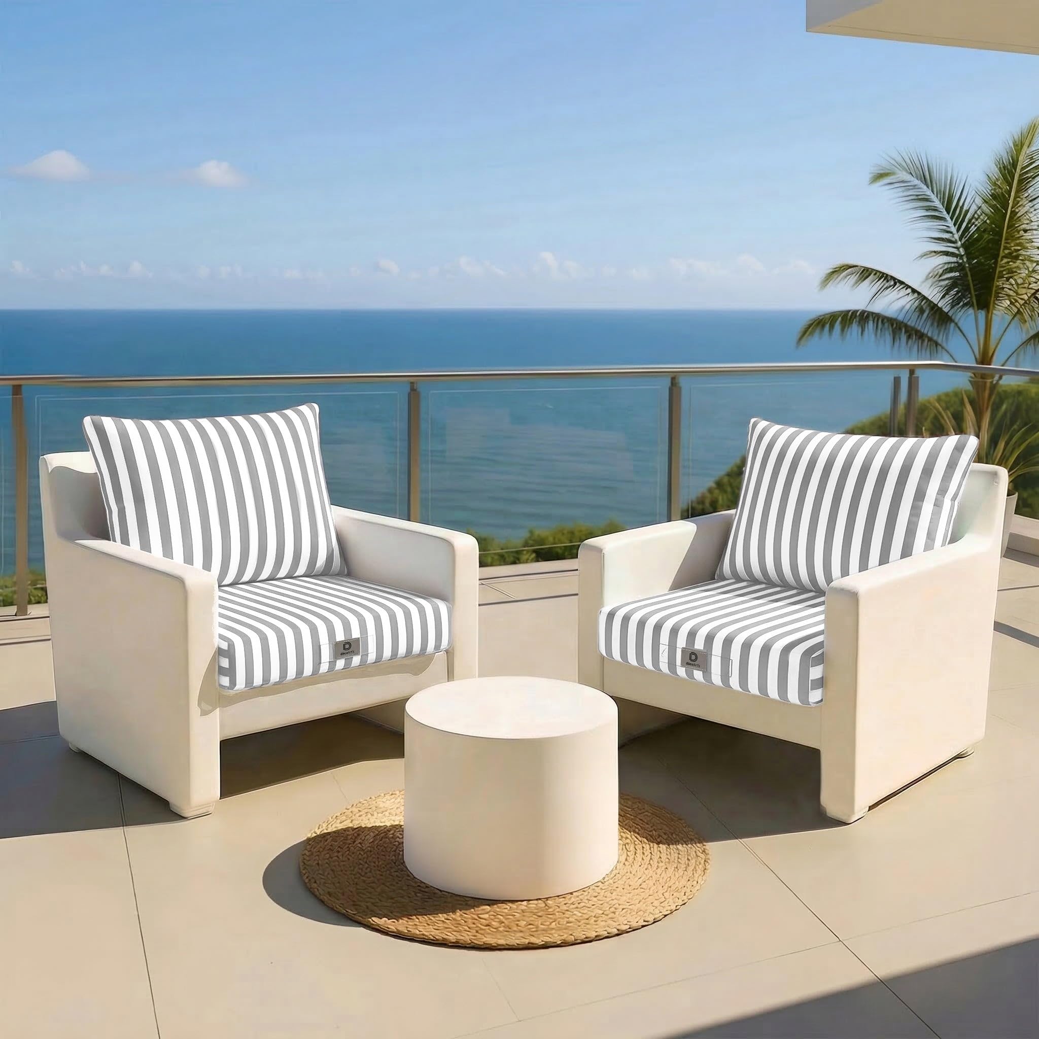 Déco Arts — 2er Set Gartenmöbel-Kissen Abnehmbar 70x60 XL — Sitz 70x60 + Rücken 70x35 cm — Wasserdicht UV-beständig — Ersatz für Gartenmöbel Terrasse Balkon Wintergarten — Gestreift Hellgrau