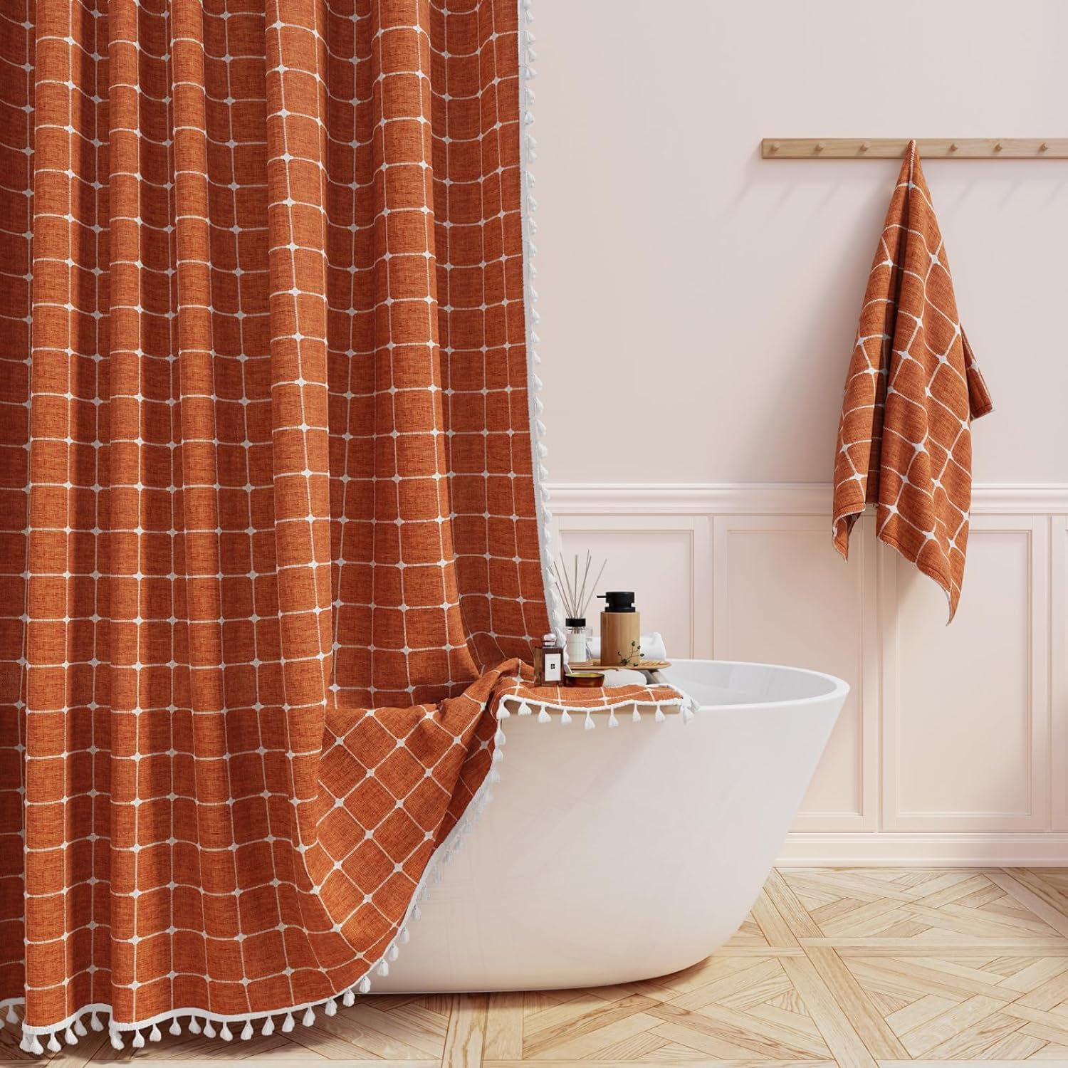 KIZAMI Rideau de Douche à Pompons 457 × 183 cm, Rideau de Douche de Style bohème, Rideau de Douche en Polyester, Rideau de Douche à Carreaux Jacquard imperméable pour la décoration de séparation