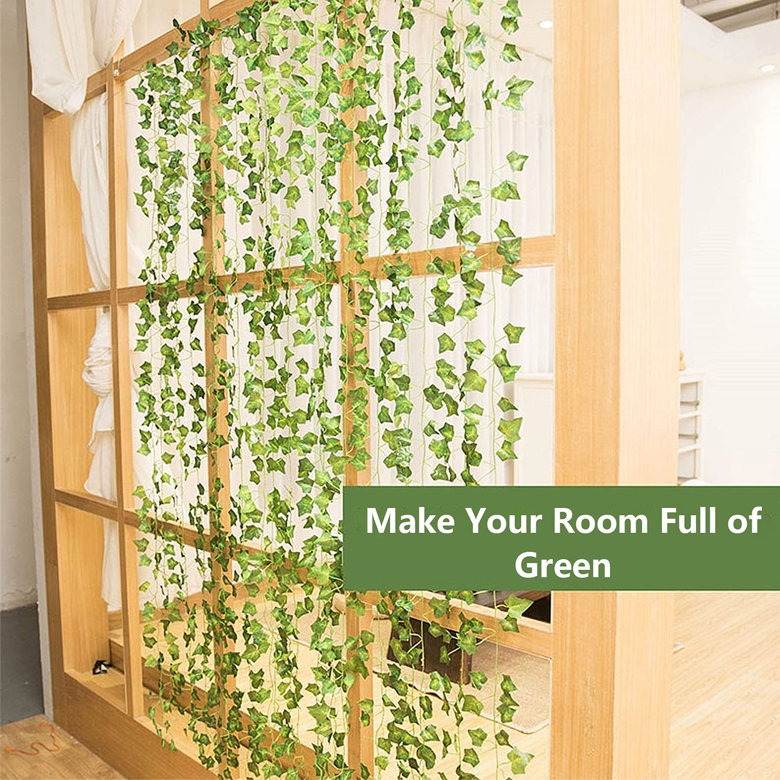 12Pcs x 2m Lierre Plantes Artificiel Guirlande avec 20pcs Attaches Câble Vigne Artificielle Faux Feuillage Intérieur Exterieur Retombant Decoration pour Chambre Balcon Jardin Bureau Fête