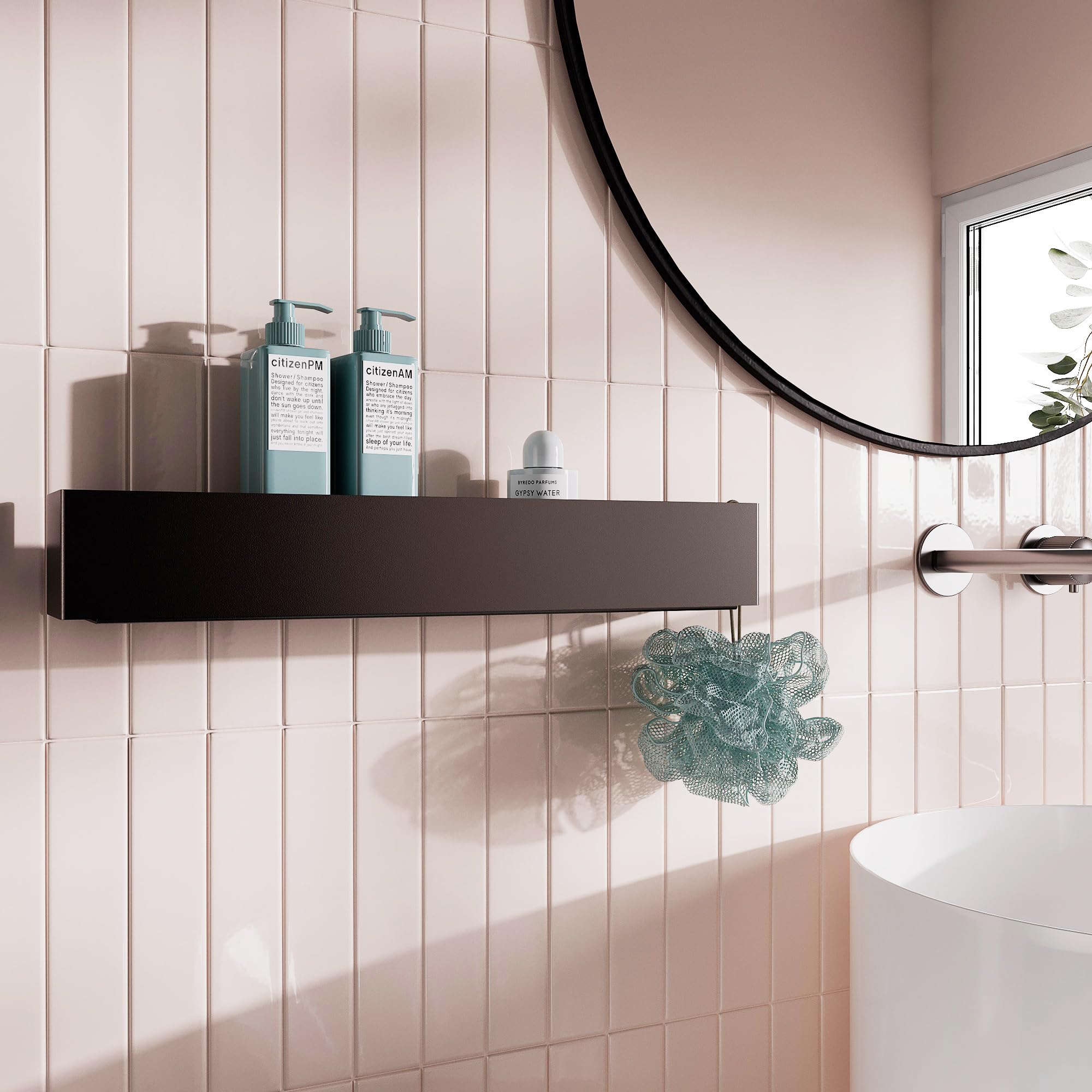 Estantería de ducha moderna negra 50x10x8 cm – Estante baño pared sin taladro o con taladro, diseño minimalista en metal con recubrimiento en polvo, resistente y elegante para baño contemporáneo