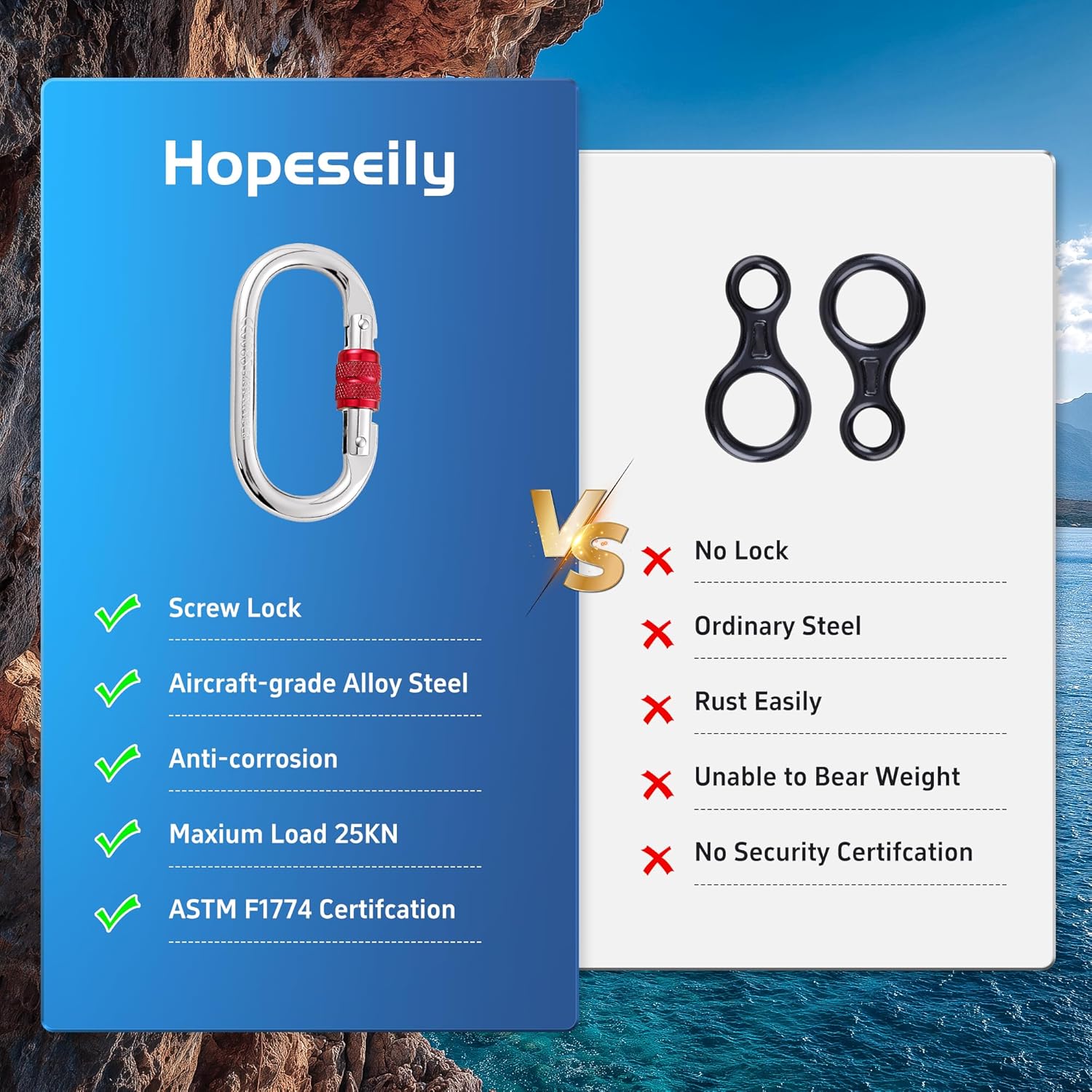 Heavy Duty Climbing Carabiner, Rated 25kN(5620lbs), Screw Locking Carabiner Clip, Oval Shape Carabiner for Rappelling, Hammocks, Aerial Work, Rigging, Rescue, Arborist - Image 8