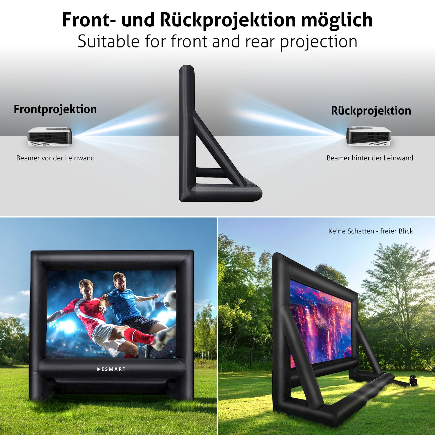 ESMART Public AIR 16 Aufblasbare Outdoor Leinwand 302 x 168 cm (135") 16:9 Beamer & Kino Leinwand mit Luftgebläse & Tragetasche | Front- & Rückprojektion | schneller Aufbau | Gartenkino & Events