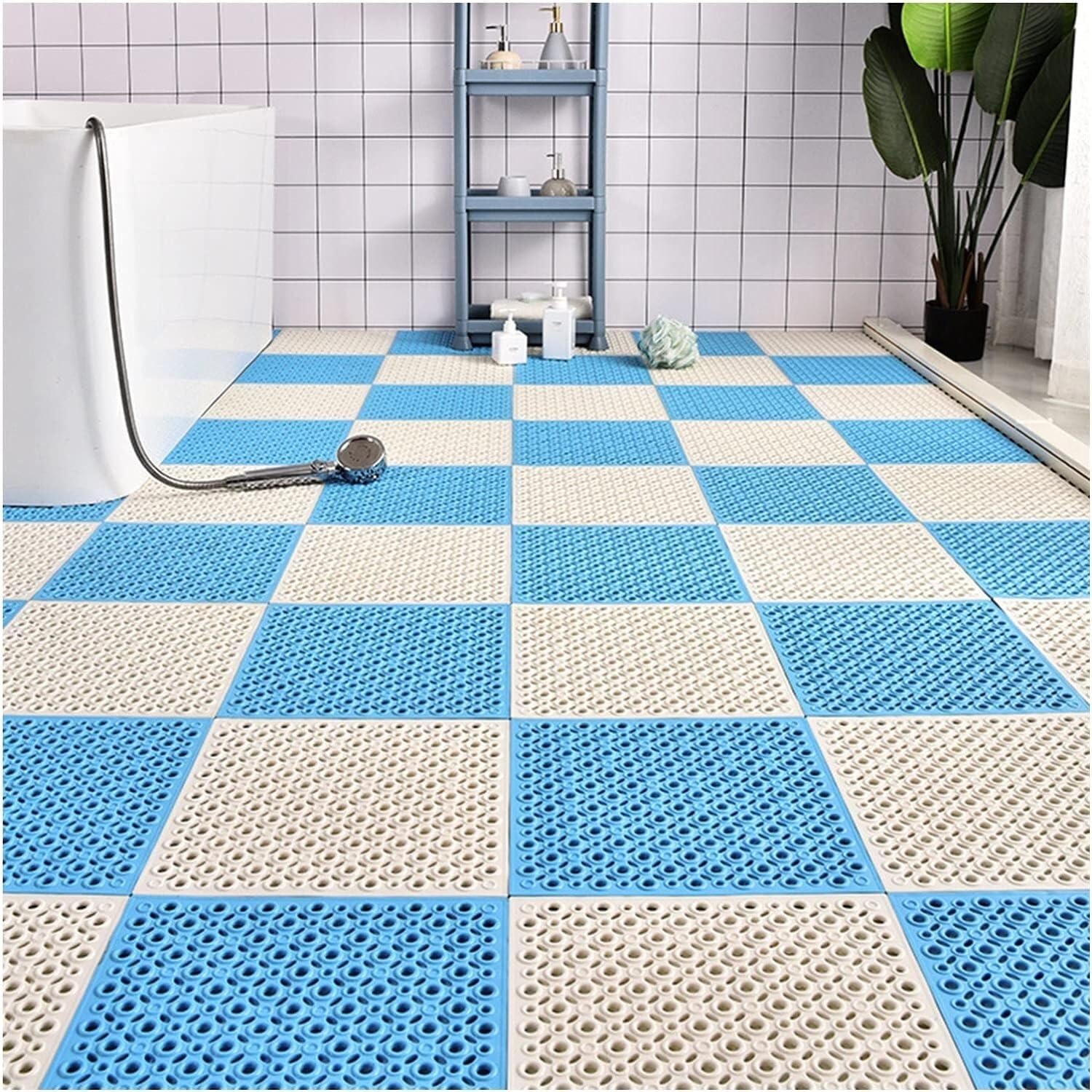 Odwadniająca mata antypoślizgowa Blokująca mata podłogowa TPE z antypoślizgowymi przyssawkami Nadaje się do wilgotnych pomieszczeń w łazience(Blue+white,30pcs)