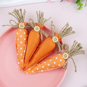 4 PCS Easter Artificial Fabric Carrots Decorations, Rustic Button Carrot Toy for Bunny Decor Spring Easter Vegetables Baskets Vase Filler Tiered Tray DIY Decor Farmhouse Party Supply