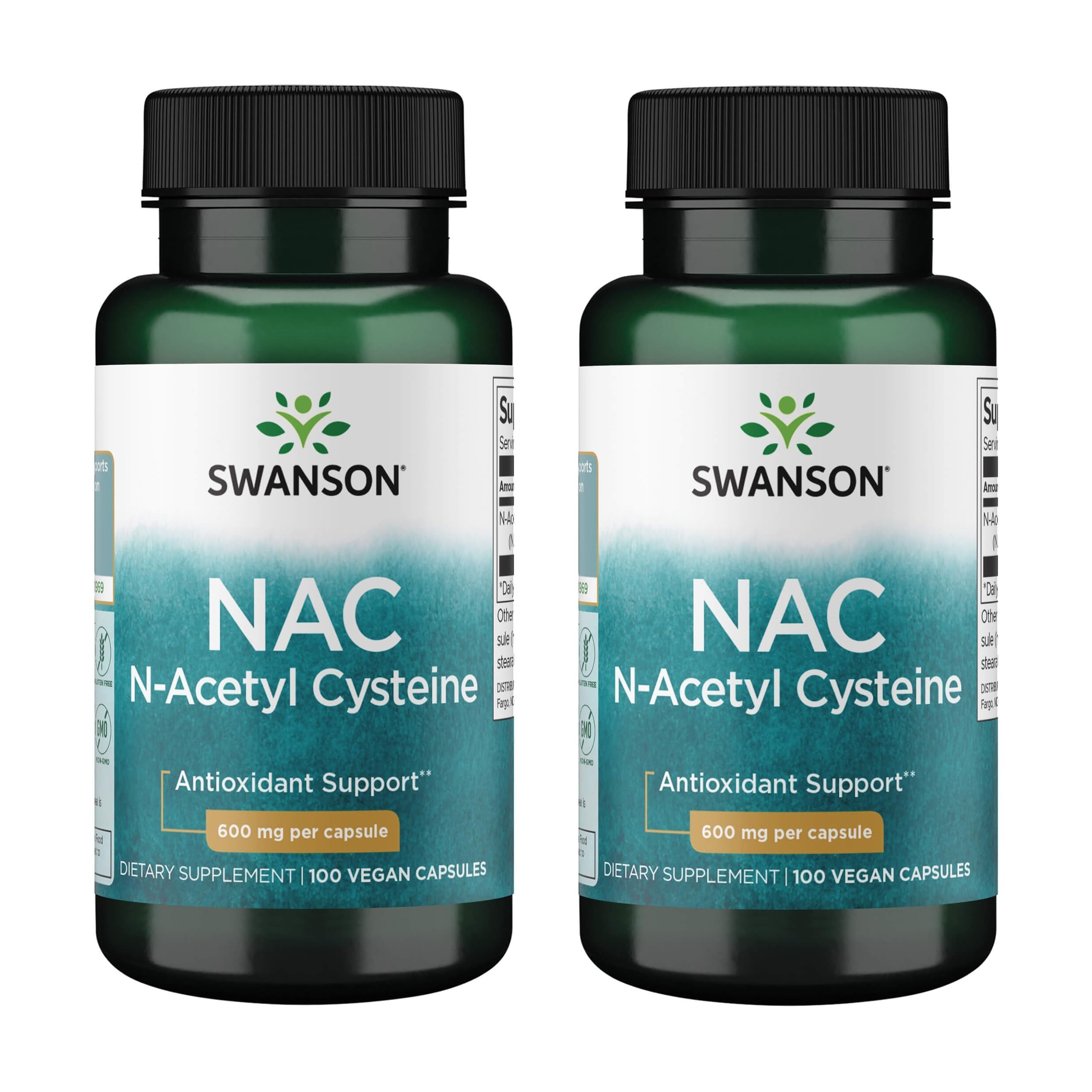 Swanson NAC N-Acetyl Cysteine, 600 mg, 100 Vegan Capsules, 2 Pack 100 Count (Pack of 2)