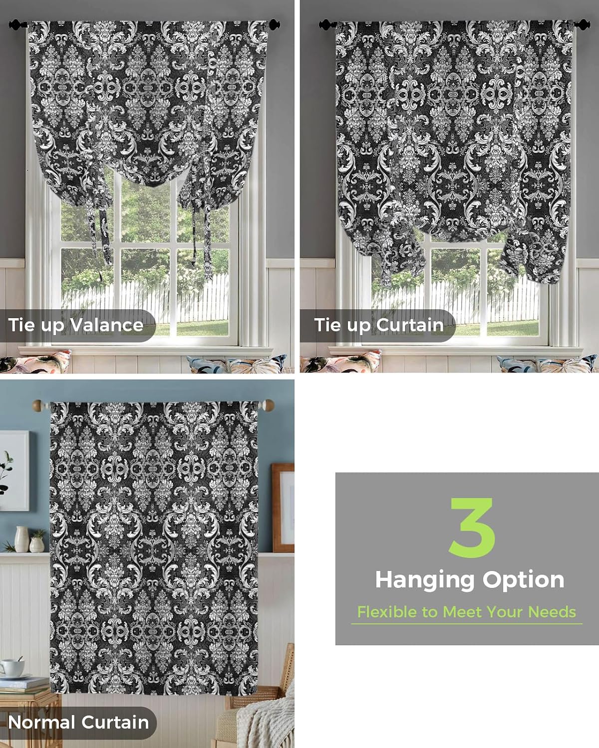 Tie Up Curtains Window Shades,Gradient Texture Abstract Retro European Floral Pattern Black White Rod Pocket Tie Up Window Shade,Adjustable Balloon Curtain Shade for Blinds Kitchen Bathroom,52"x63"