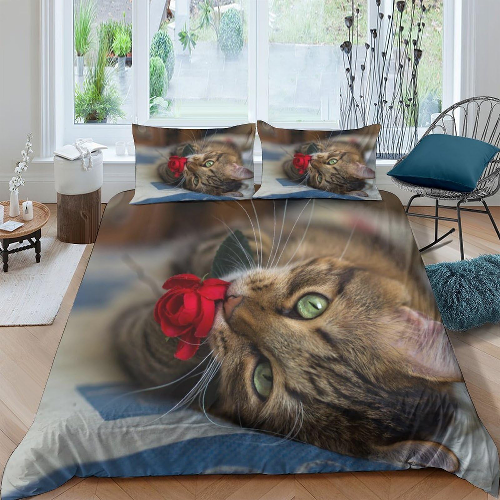 XFKLYNVCJ 3D Printed Cute cat with rose Bed Cover Polyester Pet love scene style Bedding Cover Wrinkle Resistant Shrink Resistant Friends Home Bedroom Use Single（135x200cm）