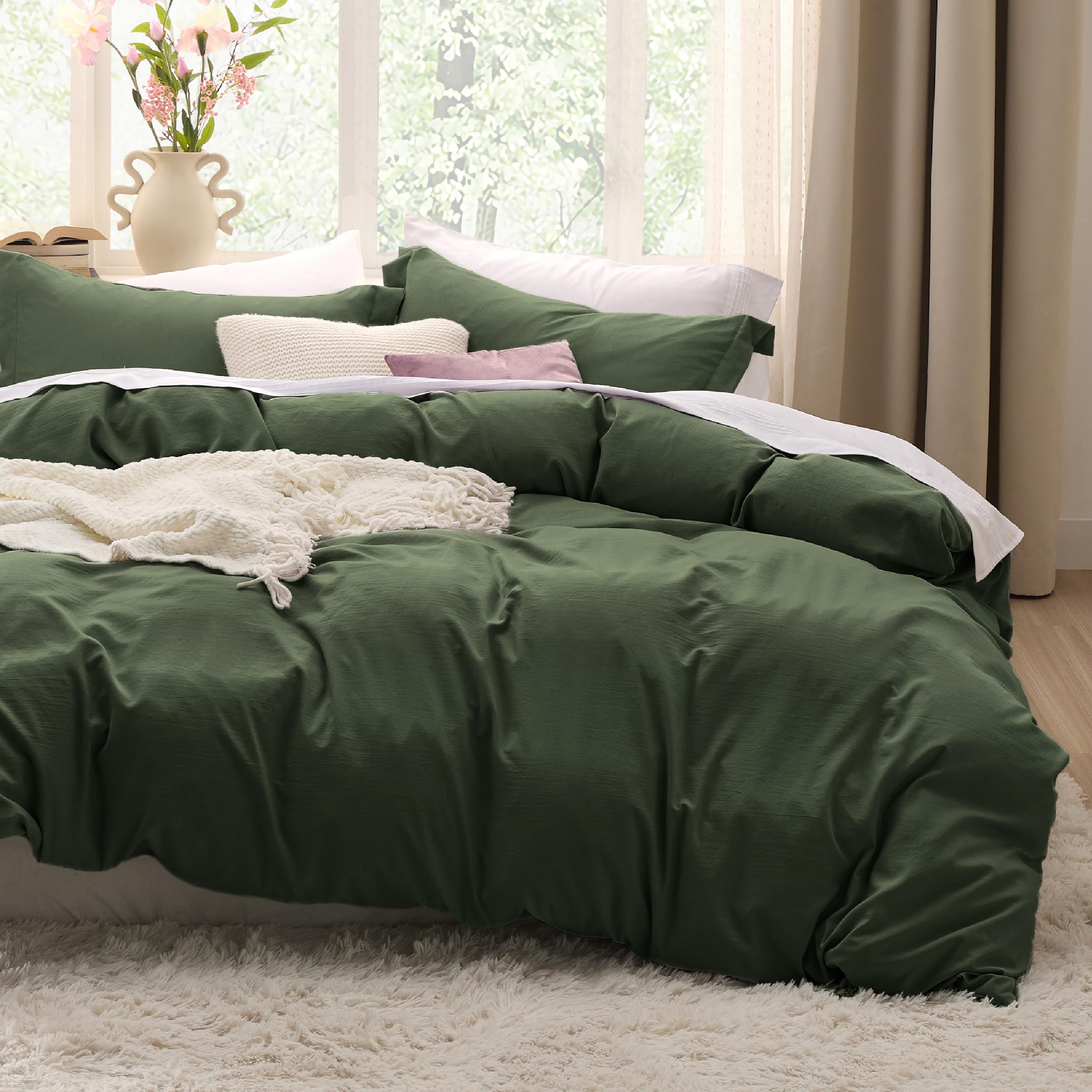 Olive Green Duvet Cover King Size - 3 Pieces Prewashed Cotton-Like Polyester Extra Soft Bedding Set, Includes 1 Duvet Cover 104x90 Inches with Zipper Closure & 2 Pillow Shams, No Comforter