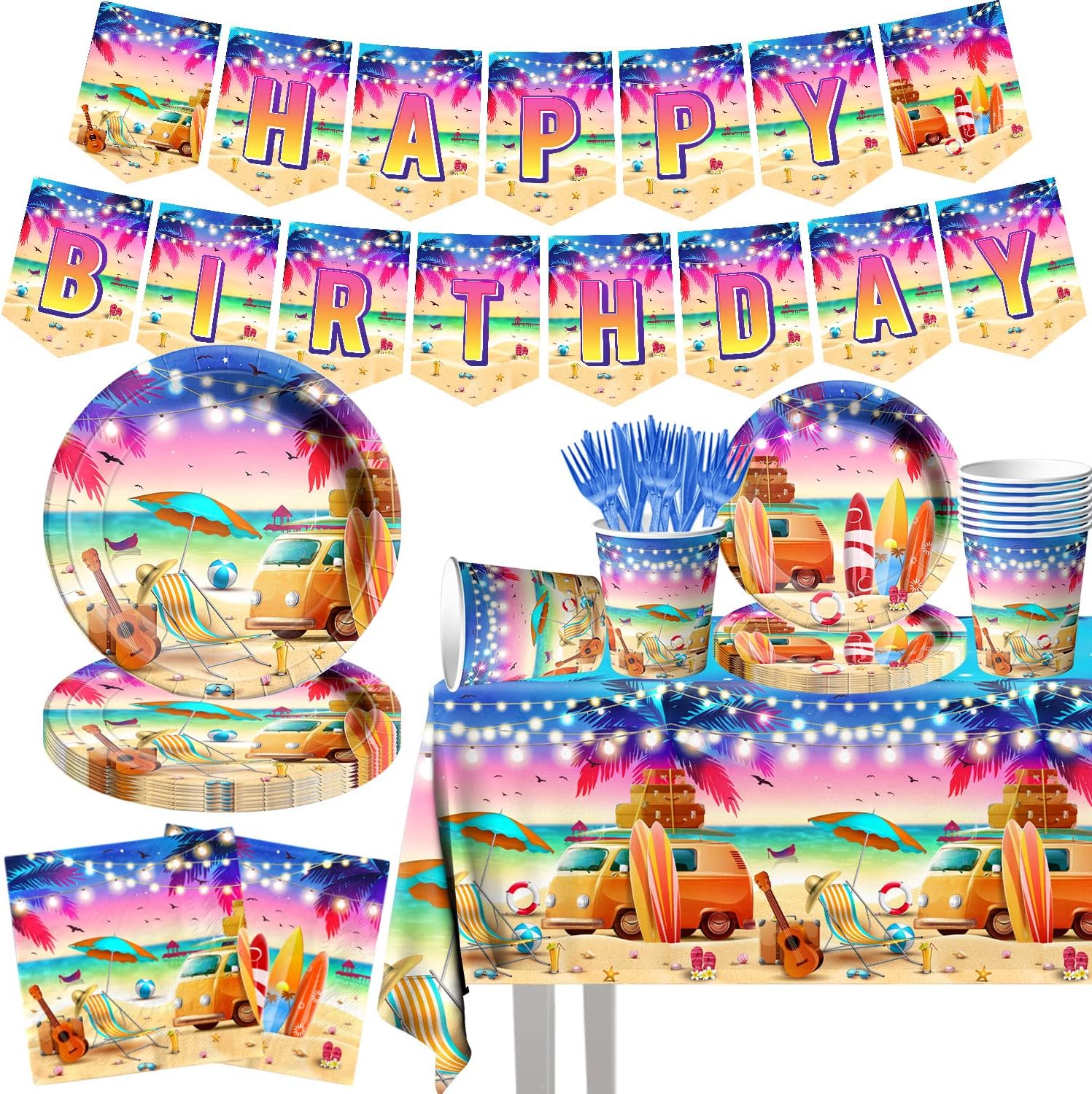 142pcs Sunset Beach Summer Tableware Set Beach Theme Party