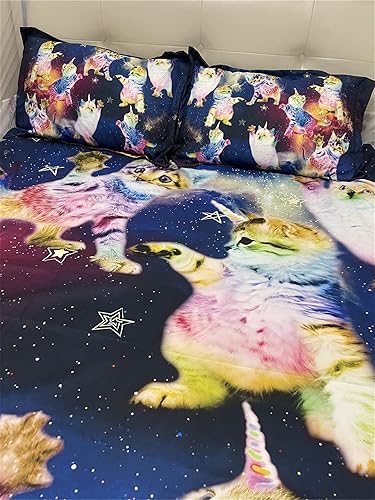 Miniatura 9 de RoyalLinens Juego de cama de 3 piezas con estampado de unicornio arcoíris y gatito para niños, tamaño individual, tamaño Queen King con 1 funda de