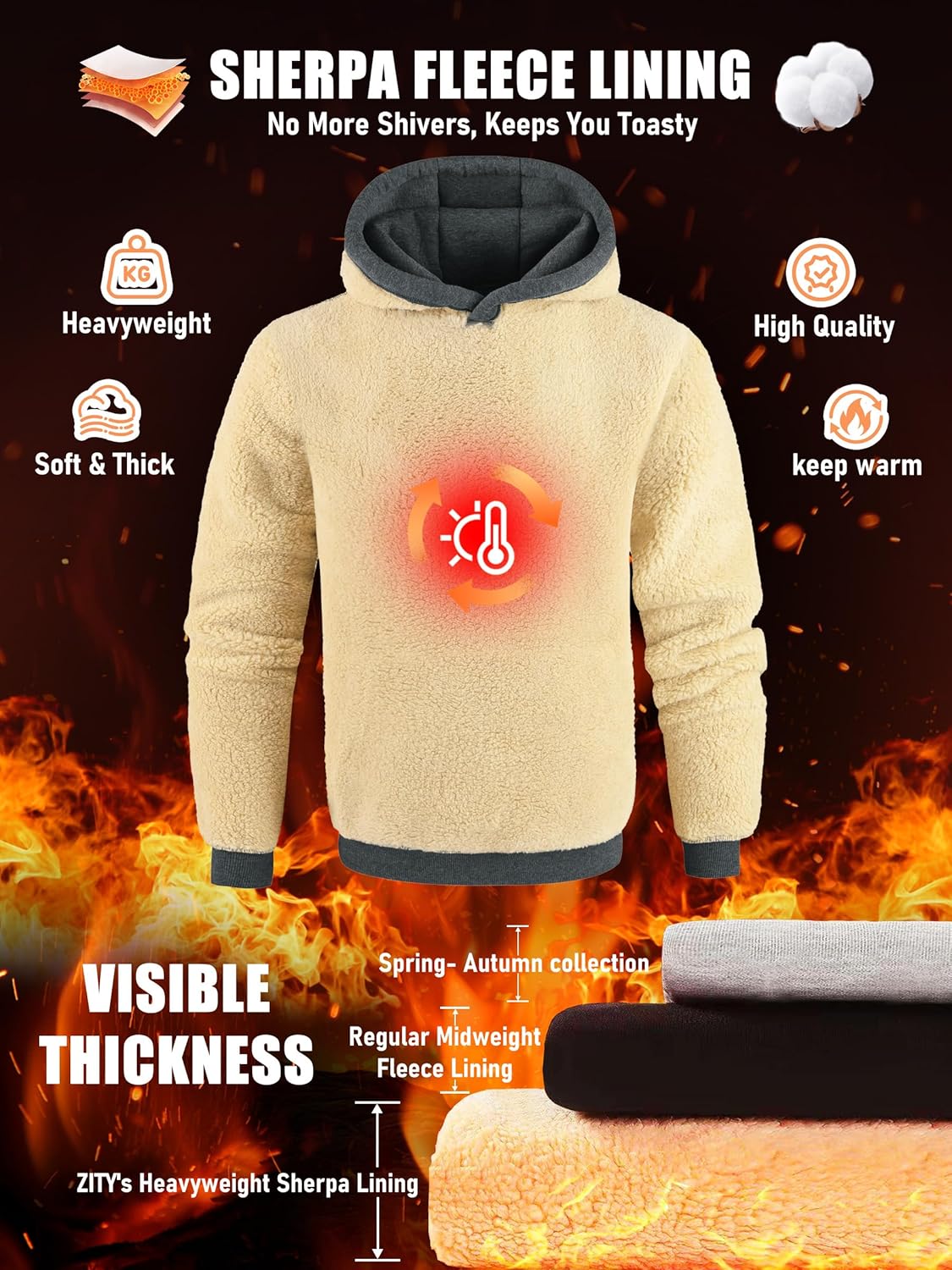 ZITY Men's Sherpa Lined Hoodie Sweatshirts Heavy Pullover Kangaroo Pocket Winter Windproof Warm Fleece Hoodie Athletic - Image 3