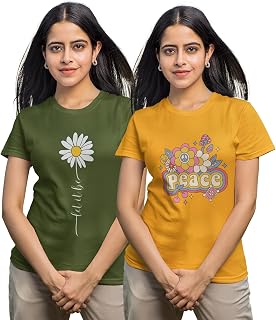 Jember Women's Cotton Half Sleeve Regular Fit Printed Tshirts for Women/Girls Combo Pack of 2 Price In India