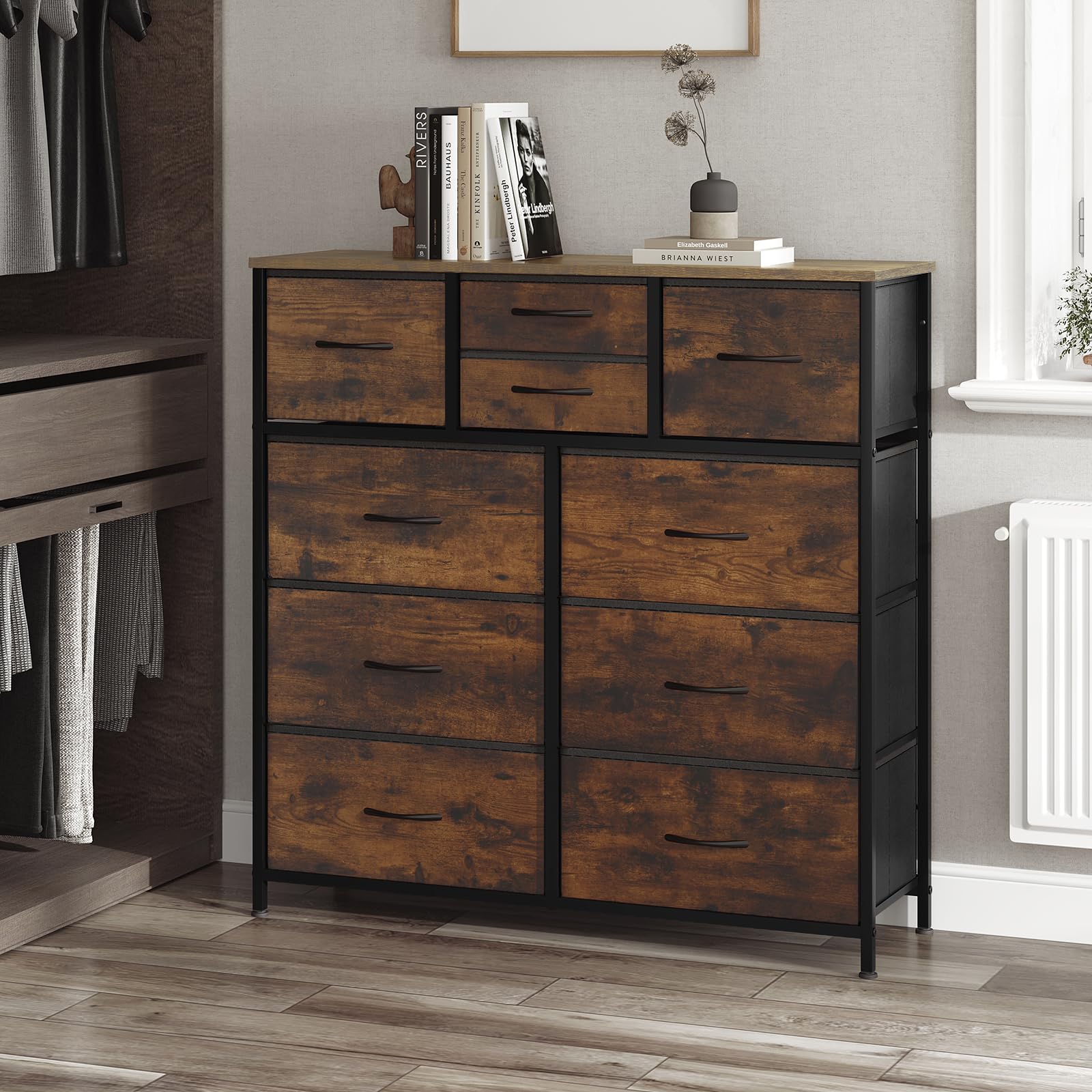 WOLTU Commode, Meuble de Rangement, avec 10 Tiroirs en Tissu, Commode Rangement pour Chambre, Salon, Entrée, Cadre en Métal, Marron Rustique et Noir, SSK009shm