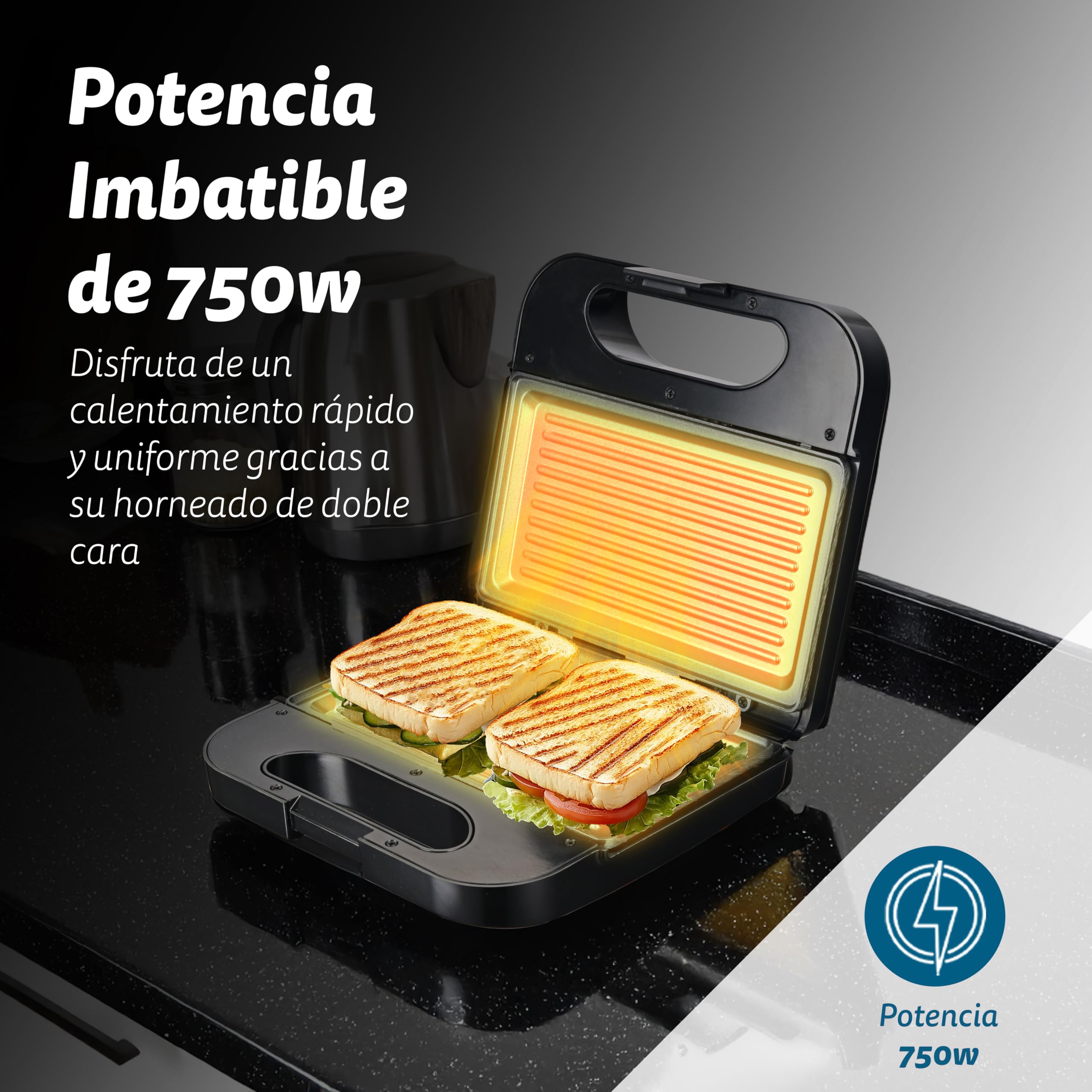 Grunkel - Sandwichera con Grill para 2 sandwiches con corte. Superficie antideslizante y antiadherente de 750W de potencia y tacto frío (Corte Cuadrado Blanca) (Negro, Grill)