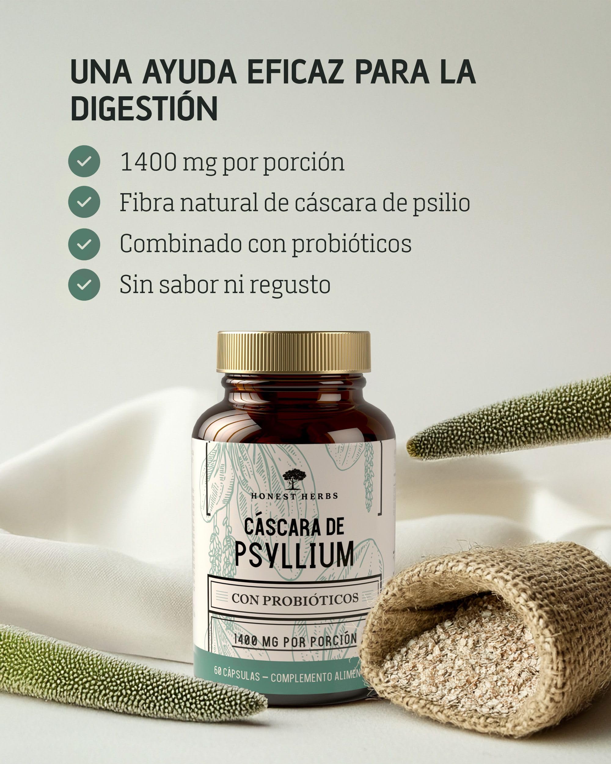 Cáscara de Psyllium con Probióticos 99% Pureza 60 Cápsulas 1400 mg Psyllium Husk 60 Mil Millones Probióticos Digestión Fibra Plantago Ovata Alta Concentración