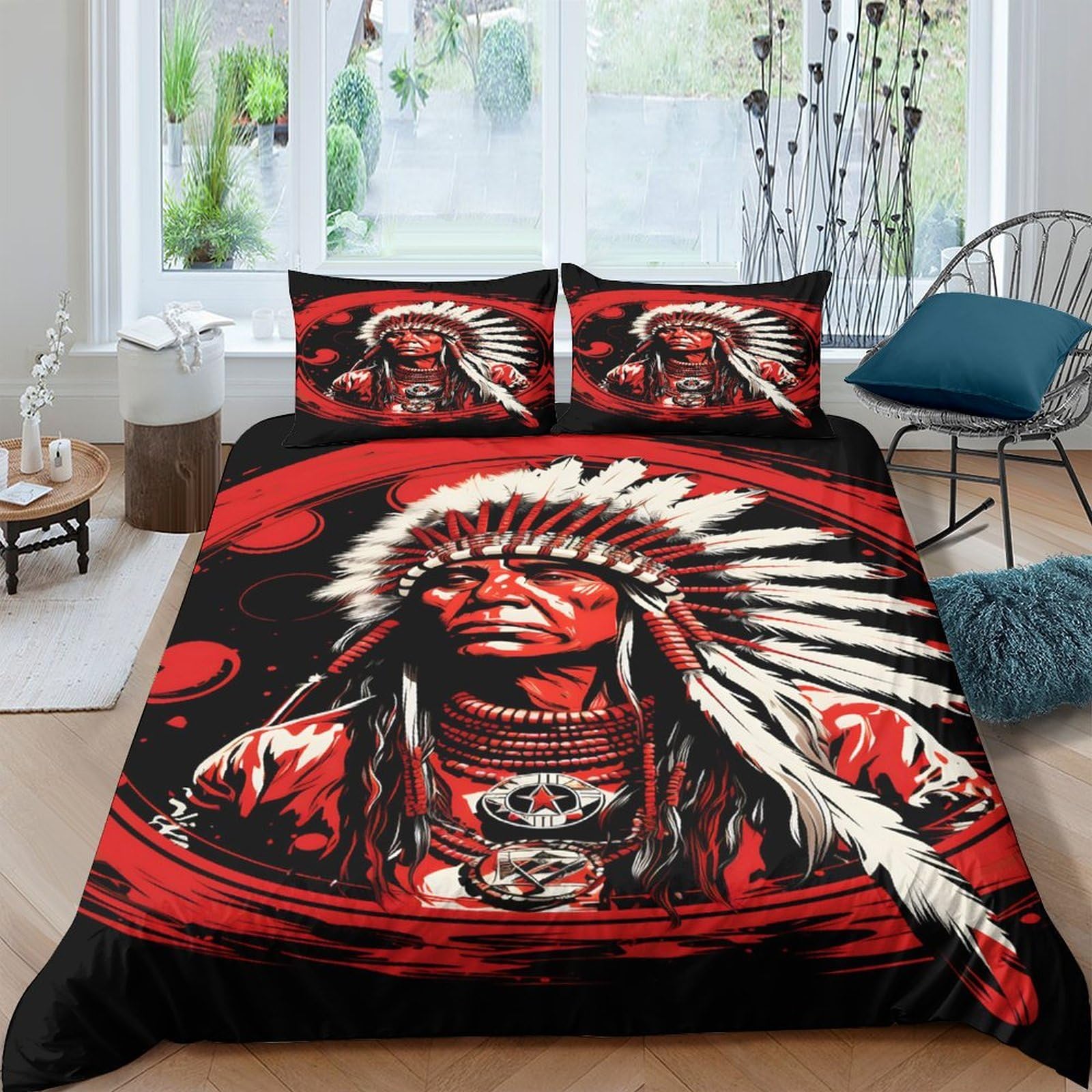 Ctjqhvkz Style-4 3D Printed Native American Chief Fitted Sheet Microfiber Red Black Indian Art Bed Cover Bedroom Dorm Decor Single（135X200cm）