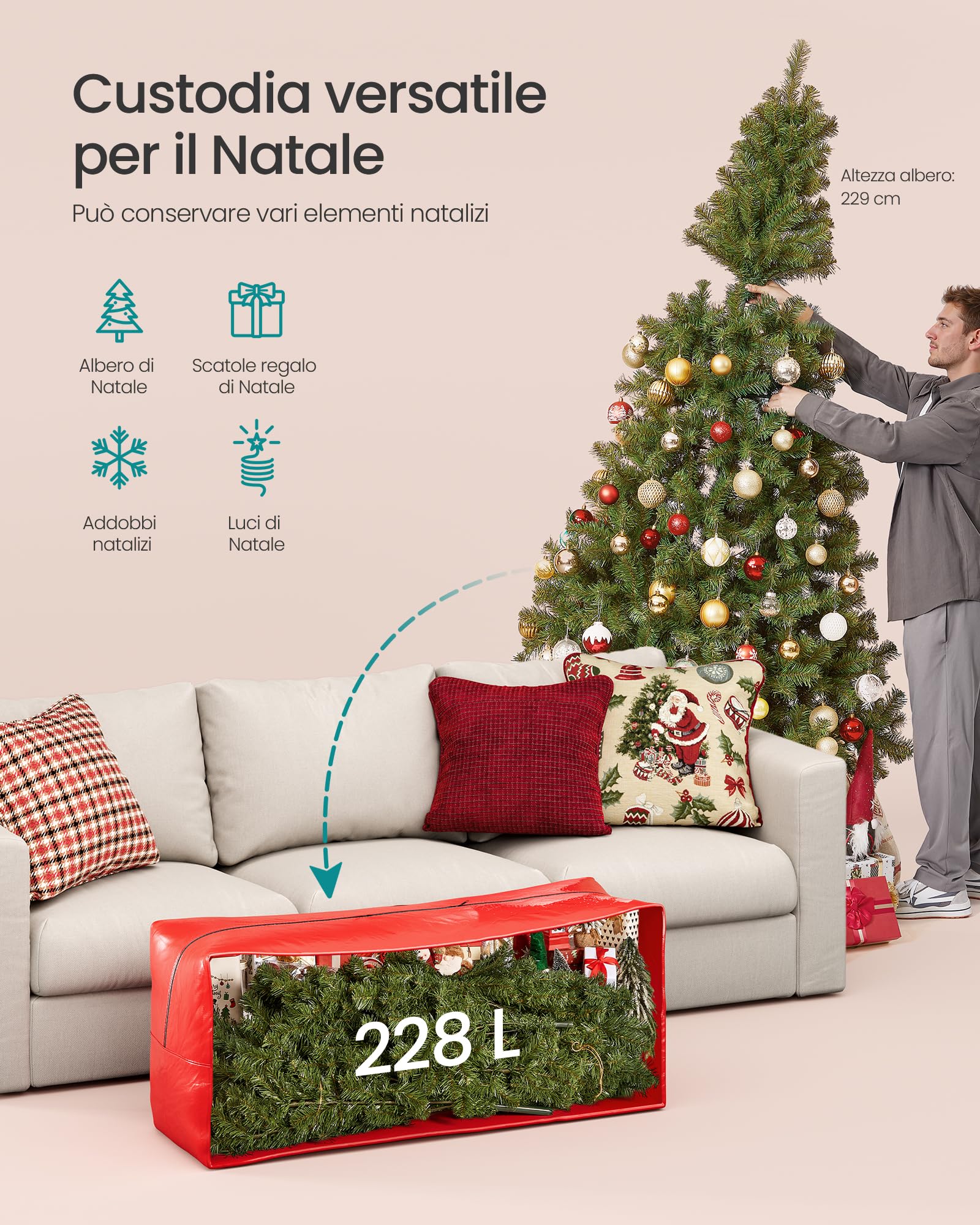 SONGMICS Borsa per Albero di Natale, Custodia per Albero Smontabile fino a 229 cm, Cuciture Interne Rinforzate, Maniglie Lunghe, con Cerniera, PE, Rosso RXS005R01