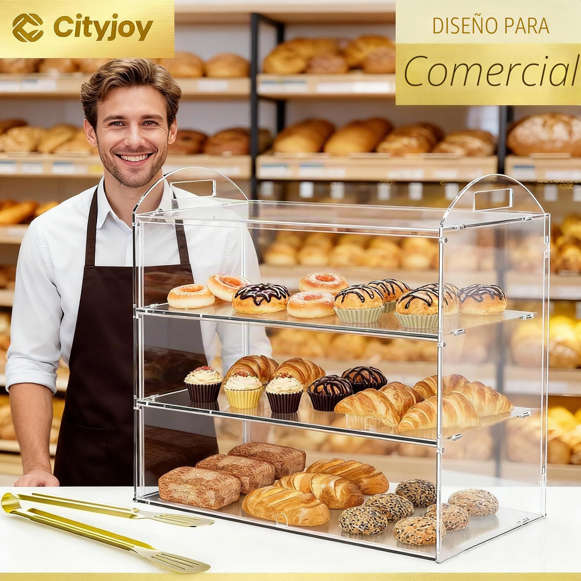 Vitrina comercial de 3 niveles con asa, 19.5 x 14.9 x 10.25 pulgadas, vitrina de repostería para encimera, vitrina de alimentos para panes, postres y galletas