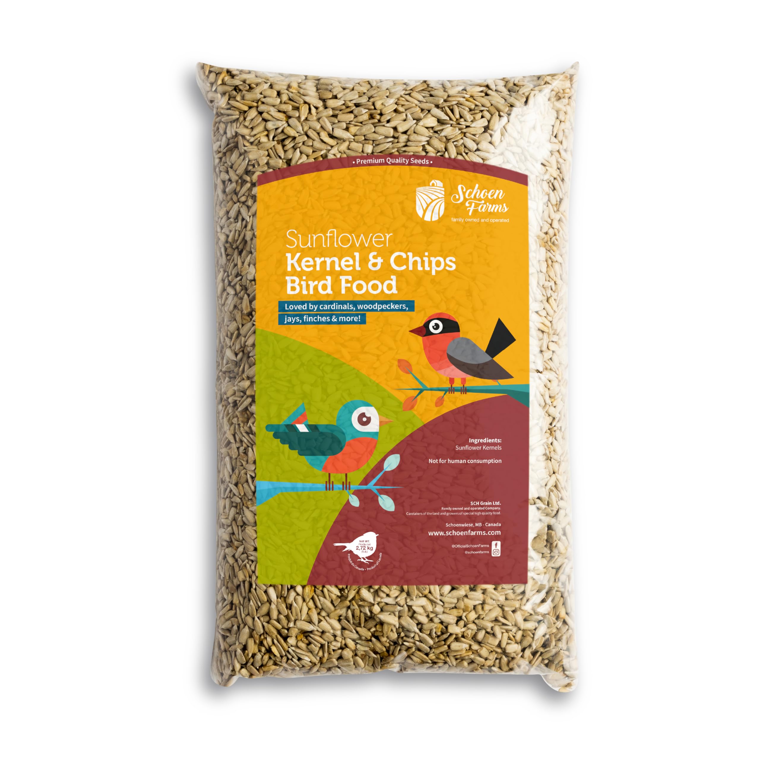Schoen Farms Sunflower Kernels & Chips – 6 lb Bag – Hulled Sunflower Hearts Bird Seed – Clean, Wild Bird Food for Finches, Jays & Chickadees