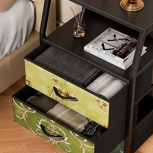 Miniatura 6 de Furnulem Retro Night Stand with 3 Drawers and 2-Tier Shelf, Small Nightstand Side Table, Vintage Storage Dresser for Bedroom, Fabric Drawer