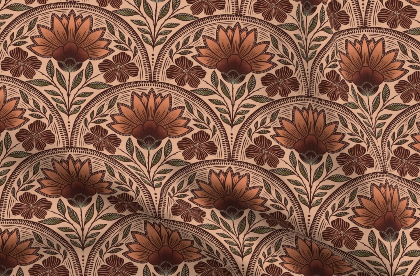 Spoonflower Fabric - Earth Tone Floral Art Deco Beige Rust Nouveau Rustic Damask Bohemian Printed on Petal Cotton Fabric Fat Quarter - Sewing Quilting Apparel Crafts Decor