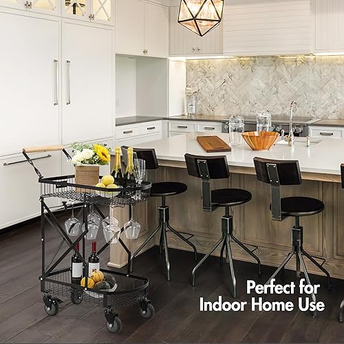 Miniatura 5 de Gurblofy Carrito de bar, carrito de servicio plegable para el hogar, carrito de bar con ruedas, carrito de bar negro con soporte de vidrio y estante