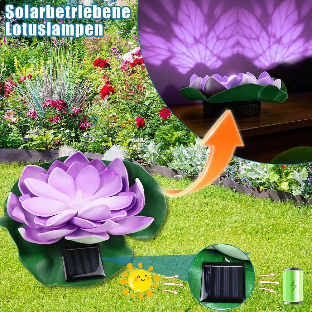 Aohcae 4 Stück Schwimmende Lotuslichter, Wasserdichte Solar Lotusblüte, Seerosen Künstlich Solar für Garten Hof, Schwimmbad, Brunnen und Aquarien