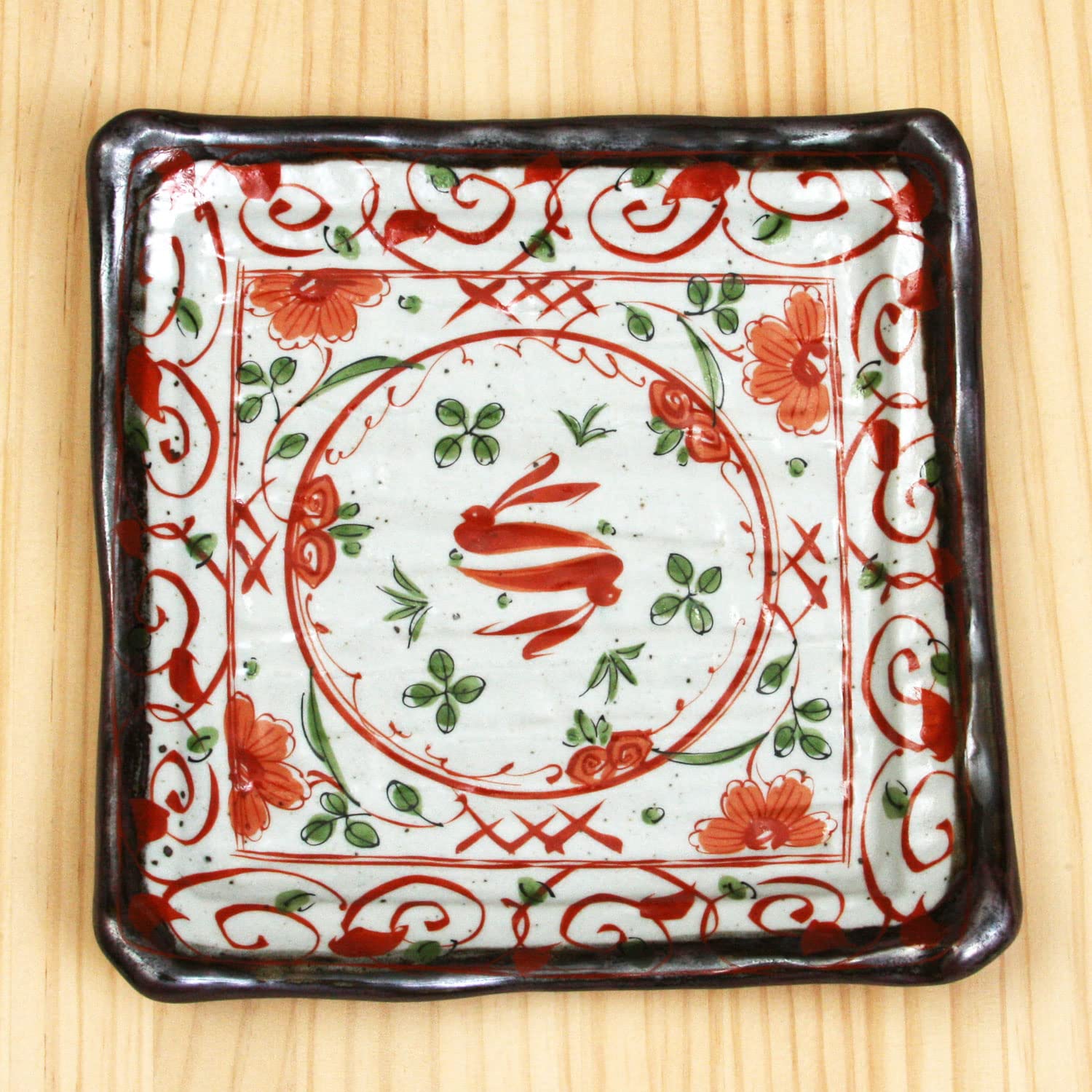 アンティーク 四角形の皿 赤花模様