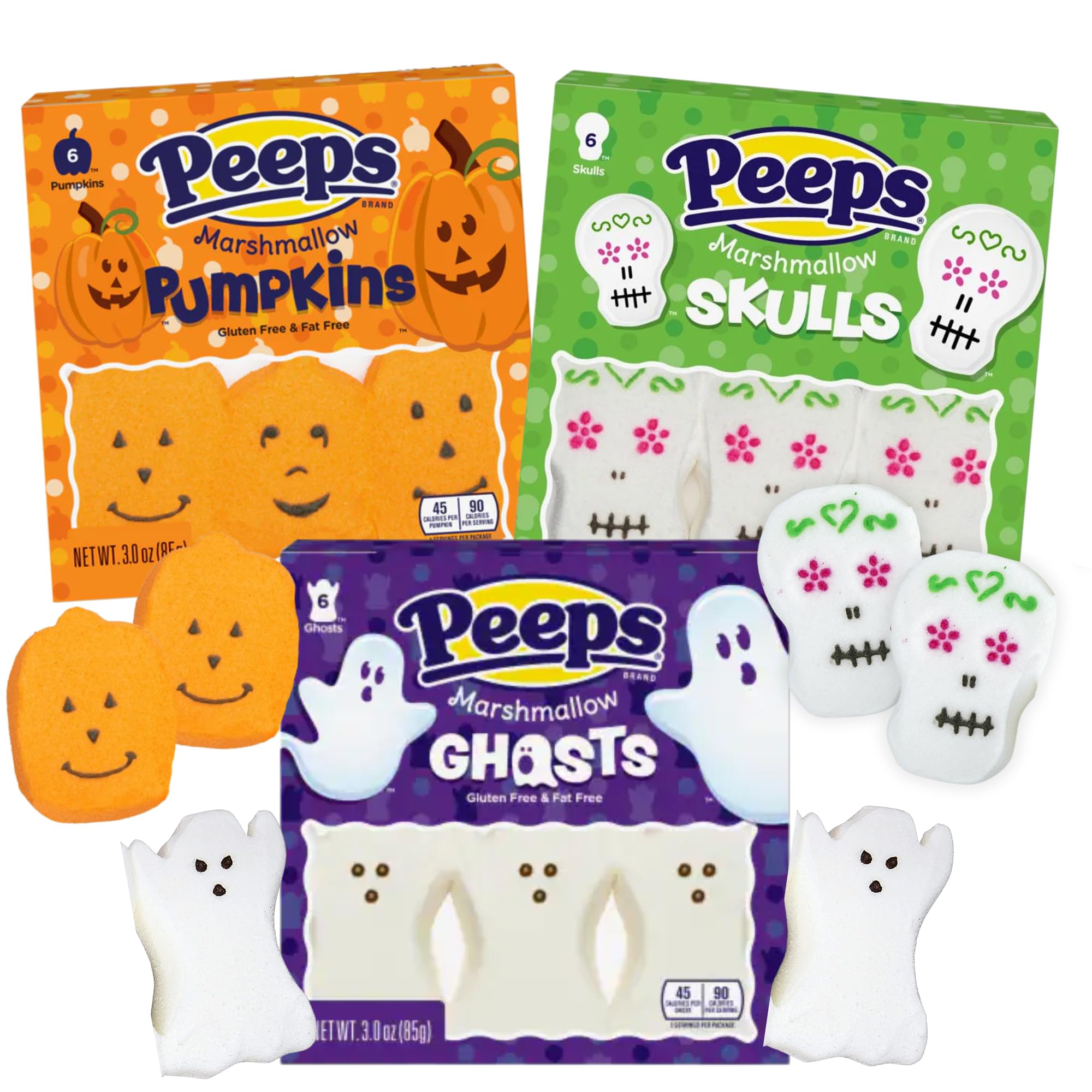Needzo Peeps Candy Halloween Ghost, Skulls and Pumpkins Fun Shaped Marshmallows, Marshmallow Birthday Party Favor Gift Candies for Peep Lovers, Pack of 3