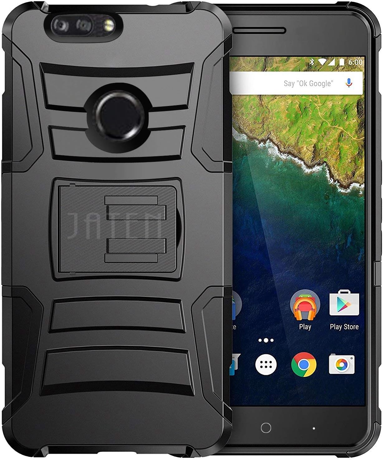 JATEN- Hybrid Kickstand Belt Clip Case with HD Screen Protector (Black/Black) Compatible with ZTE Blade Z Max Case, ZTE Sequoia