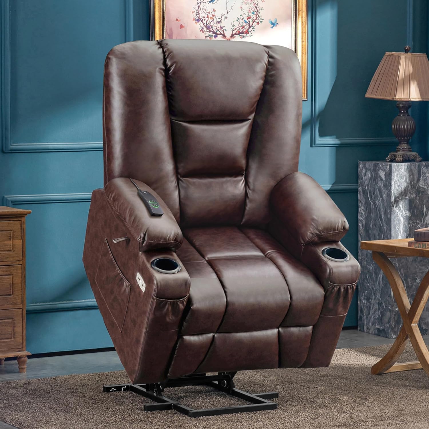 MCombo Power Lift Recliner Chair for Elderly, Lift Chair with Heat and Massage, USB Ports, Cup Holders, Faux Leather 7519 (Medium, Dark Brown)