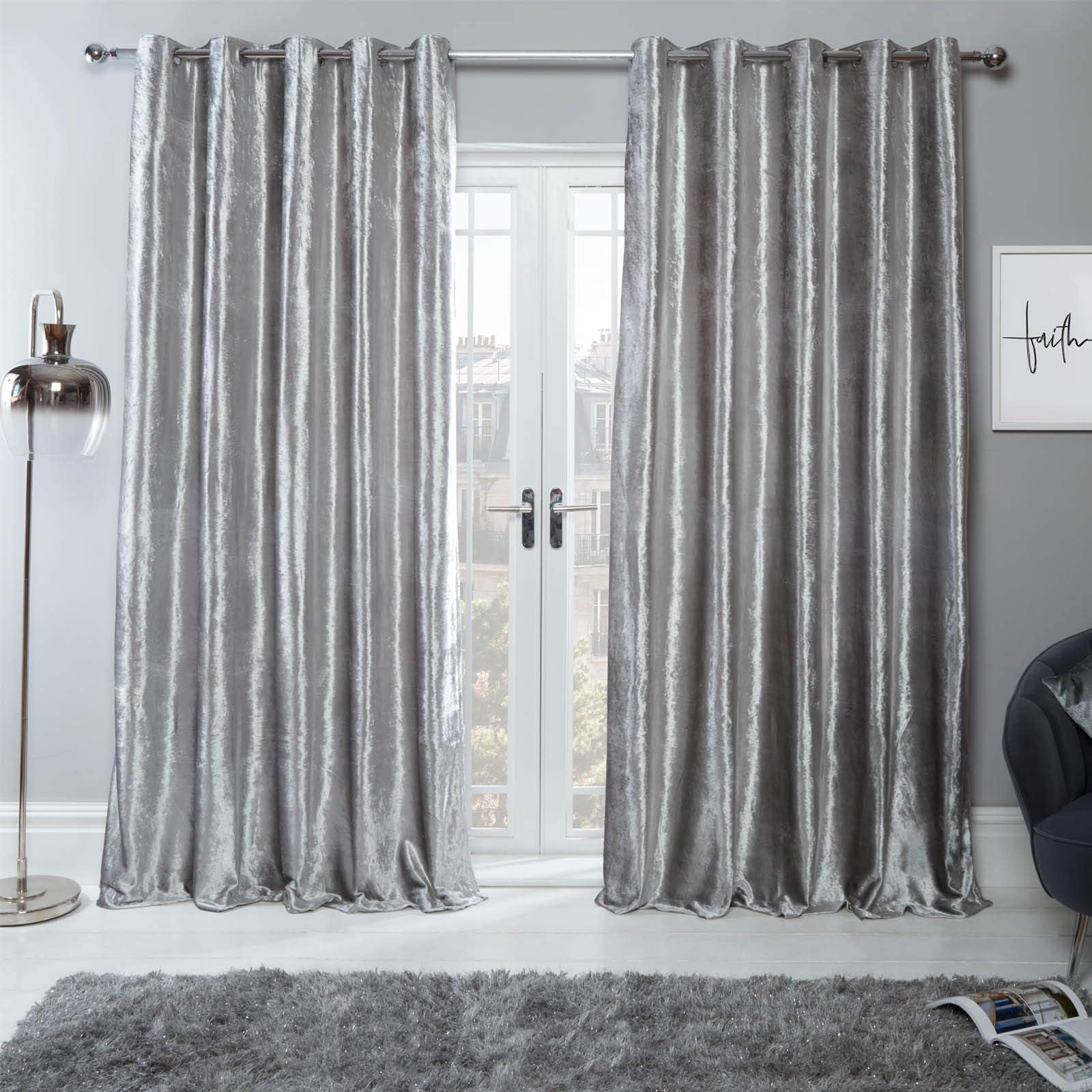 Sienna Crushed Velvet Curtain Eyelet Ring Top Pair of Fully Lined Curtains, Soft Luxurious Silver Grey Insulated Curtains Window Treatment 2 Panel, 90" x 90"