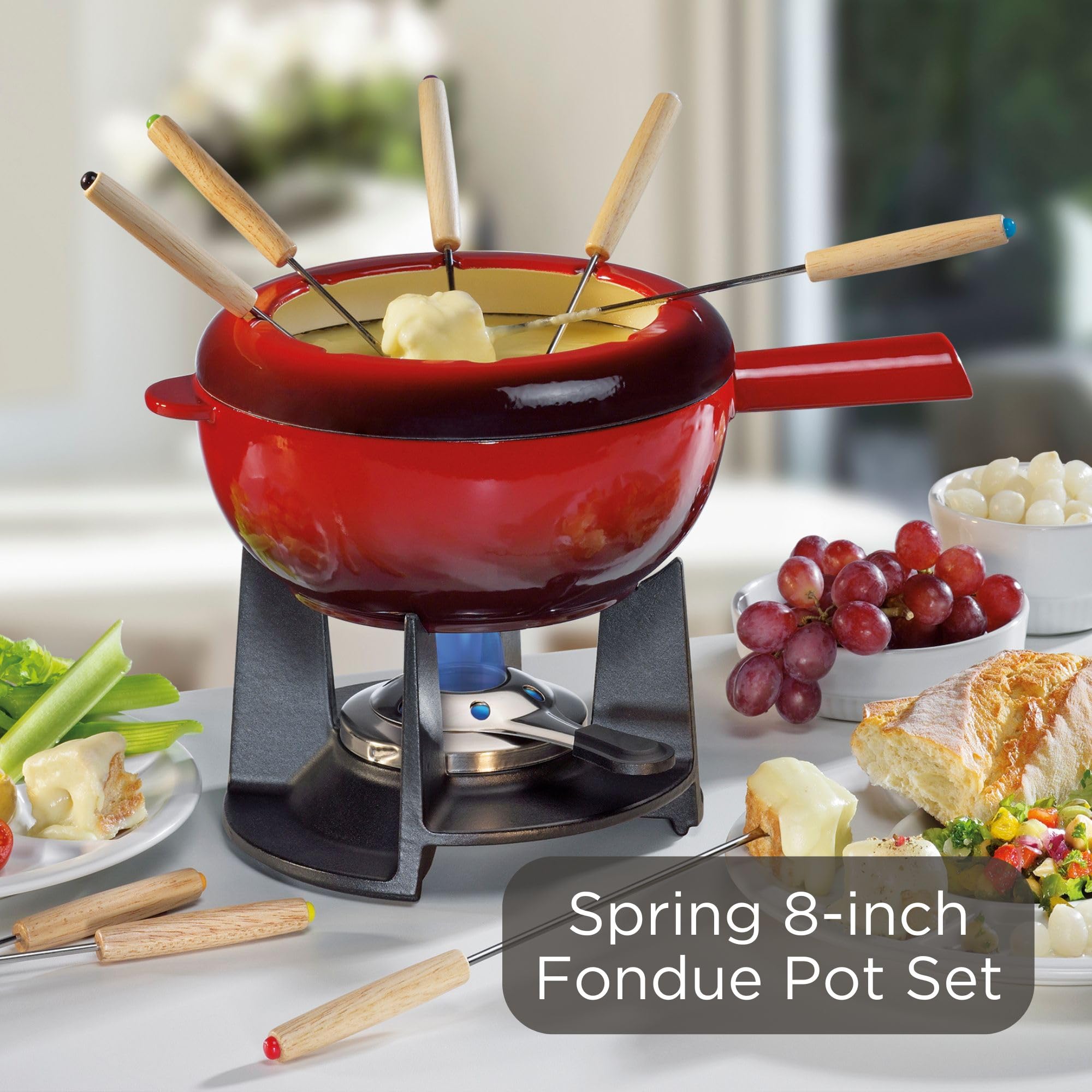 Spring Żeliwny zestaw do fondue czerwony | Ø 20 cm | z 8 widelcami do fondue i ochroną przed pryskaniem | do fondue serowego, fondue mięsnego | palnik Rechaud