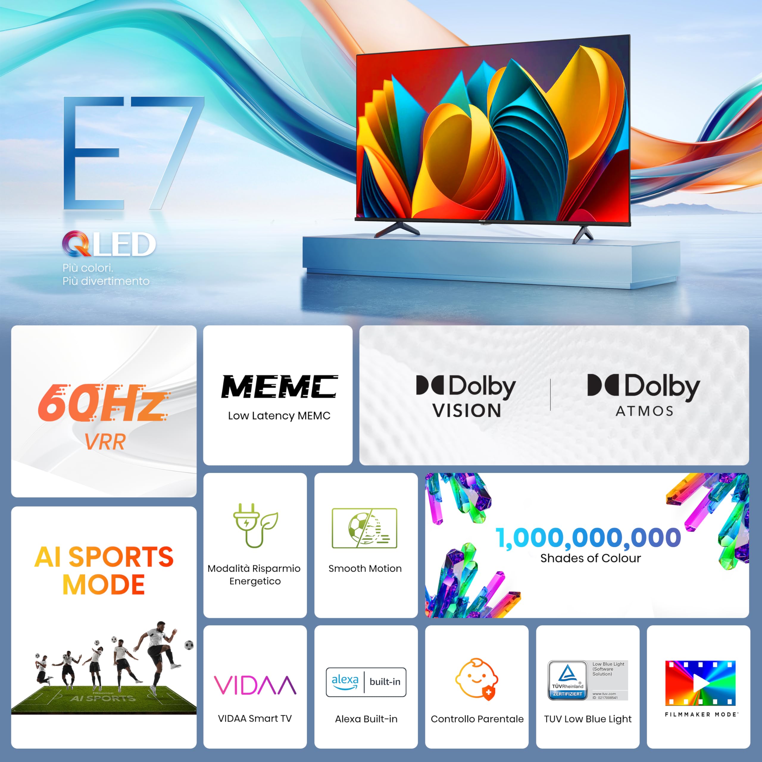 Hisense TV 43" QLED 4K 43E77NQ, Smart TV VIDAA U7, Dolby Vision, HDR 10+, Game Mode Plus, Dolby Atmos, Alexa Built-in, VIDAA Voice, Tuner DVB-T2/S2 HEVC 10, lativù 4K