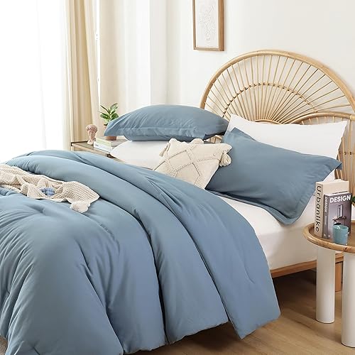 Miniatura 5 de JANZAA Juego de edredón Queen de 7 piezas de cama en una bolsa, edredones de color azul mineral con sábanas de microfibra, fundas de almohada,