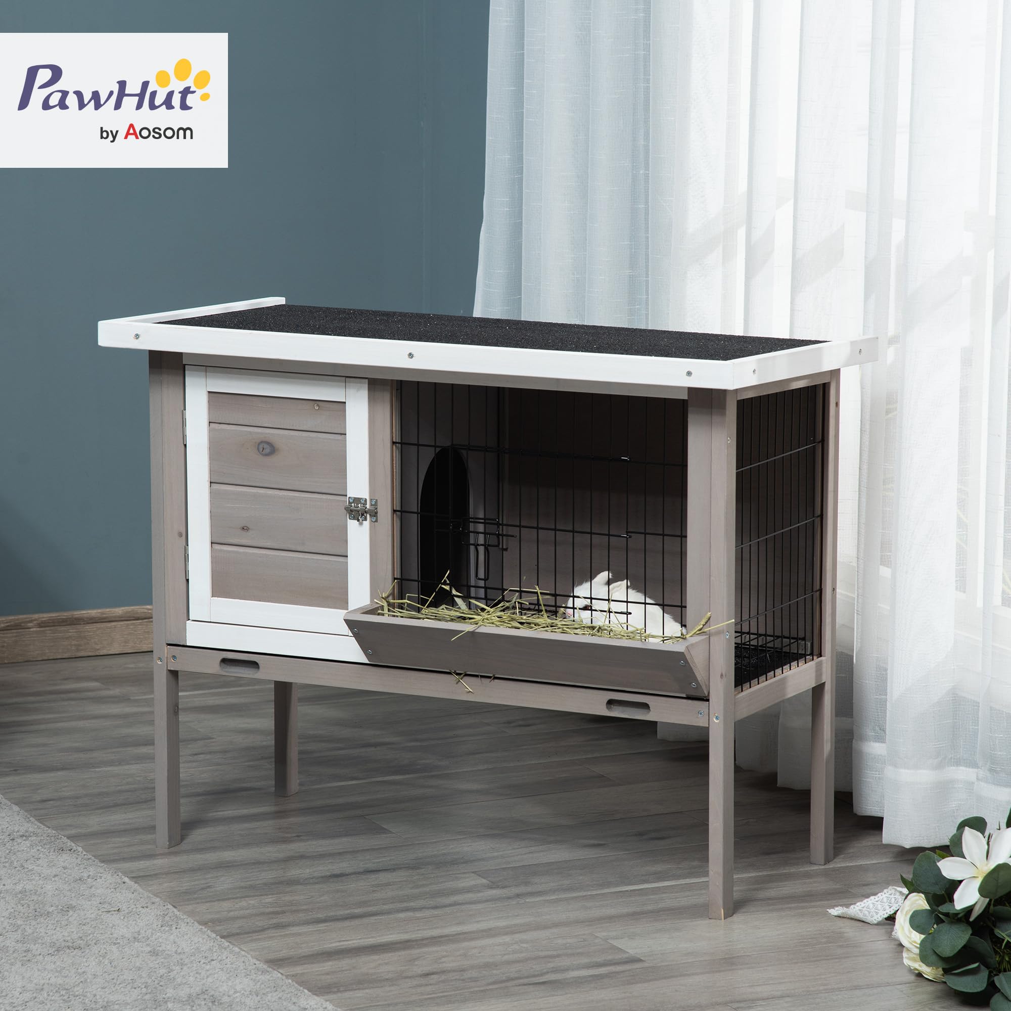 PawHut Conejera de Madera Elevada Jaula para Conejos con Techo Asfáltico Abatible Puertas con Pestillo Bandejas Desmontables Conejera para Exterior 91x46x71 cm Gris