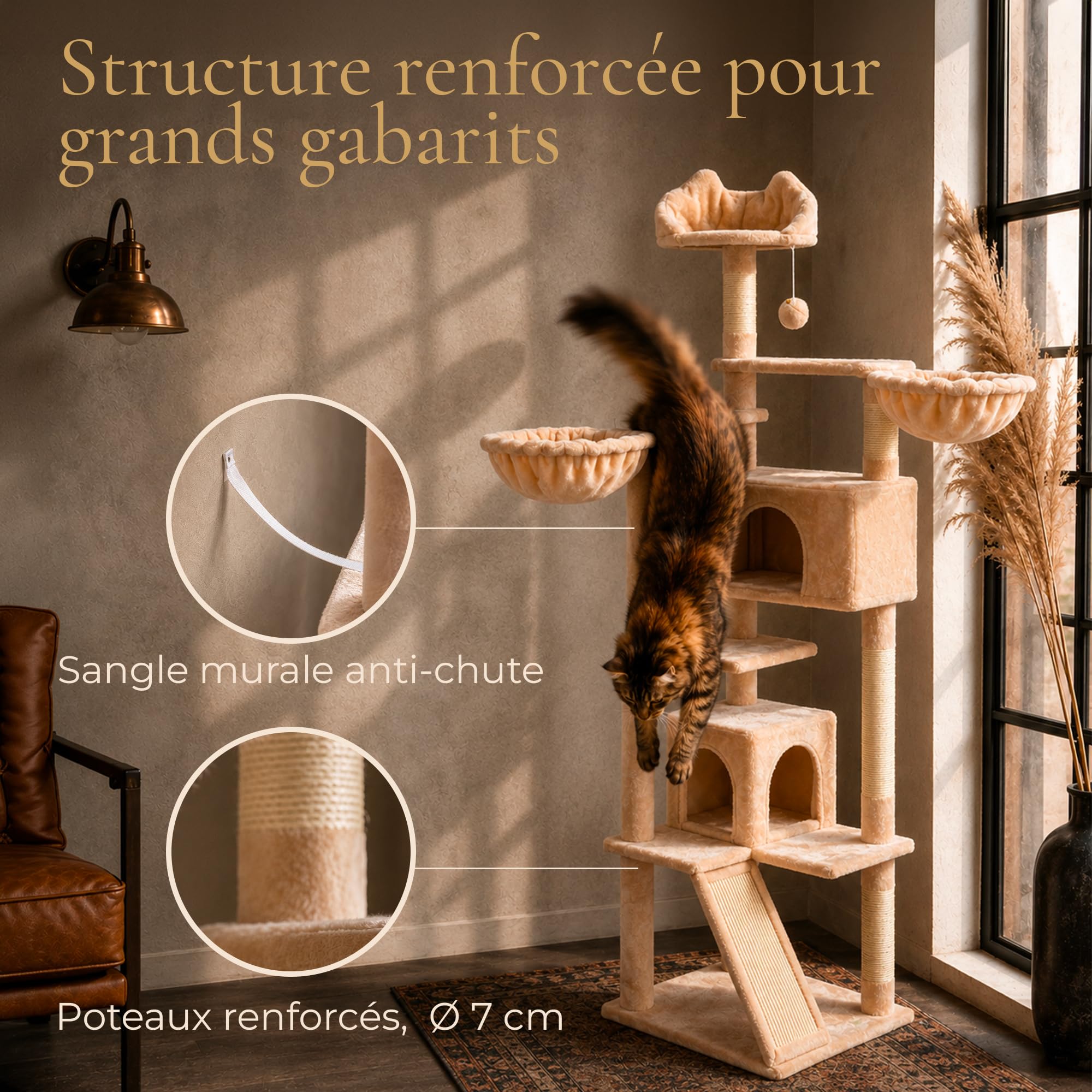 Arbre a Chat 165 cm, Griffoir Chat en Sisal, 2 Niches, 2 Hamacs, 1 Perchoir, Tour a Chat Stable pour Grands Chats et Chatons, Peluche Beige, Montage Facile, Garantie 5 Ans