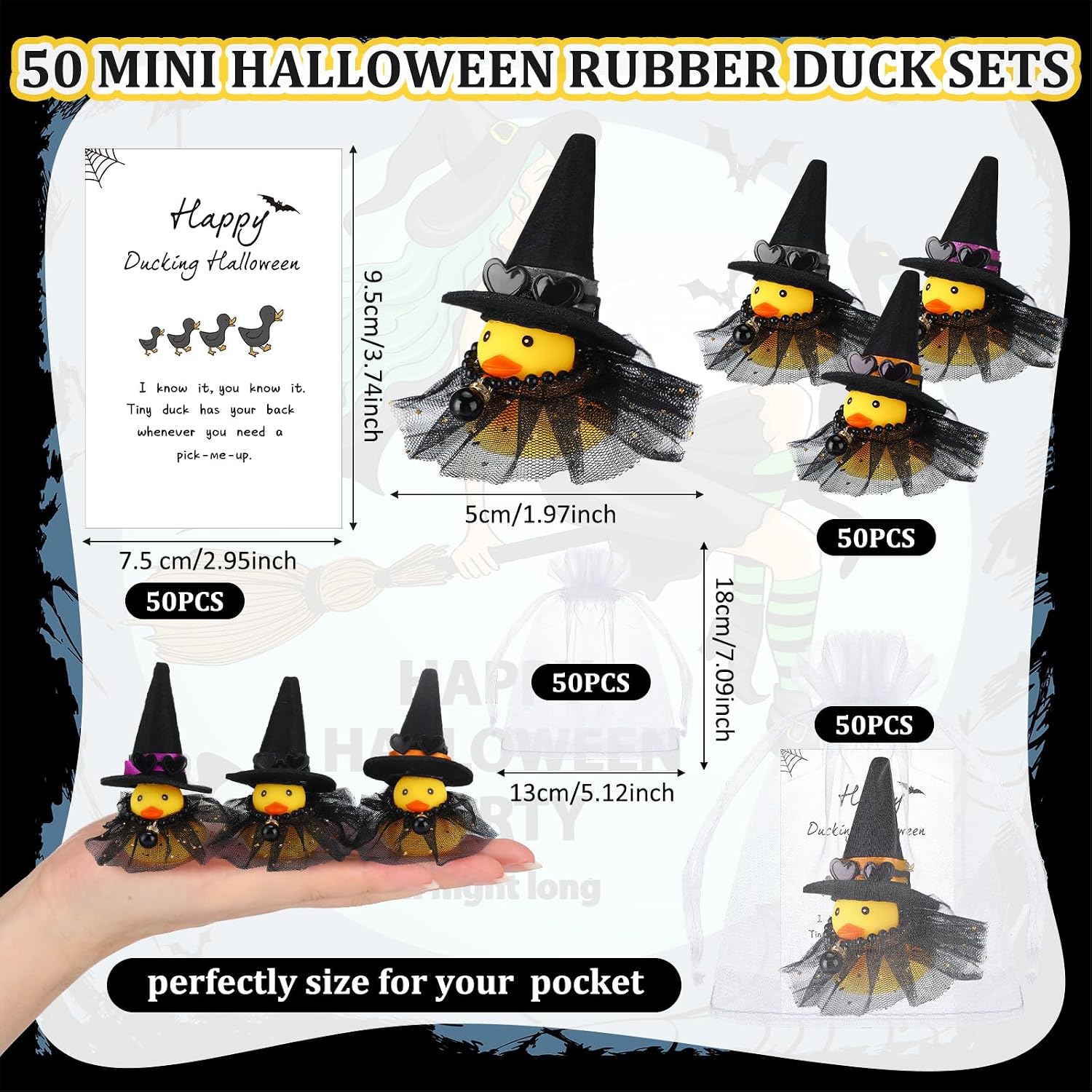 Lunmon 200 Pcs Halloween Party Favors 50 Pcs Halloween Witch Rubber Duck 2 Inch Small Sunglass Duck for Bath Pool 50 Card 50 Organza Bag 50 Black Witch Hats for Gift Supplies