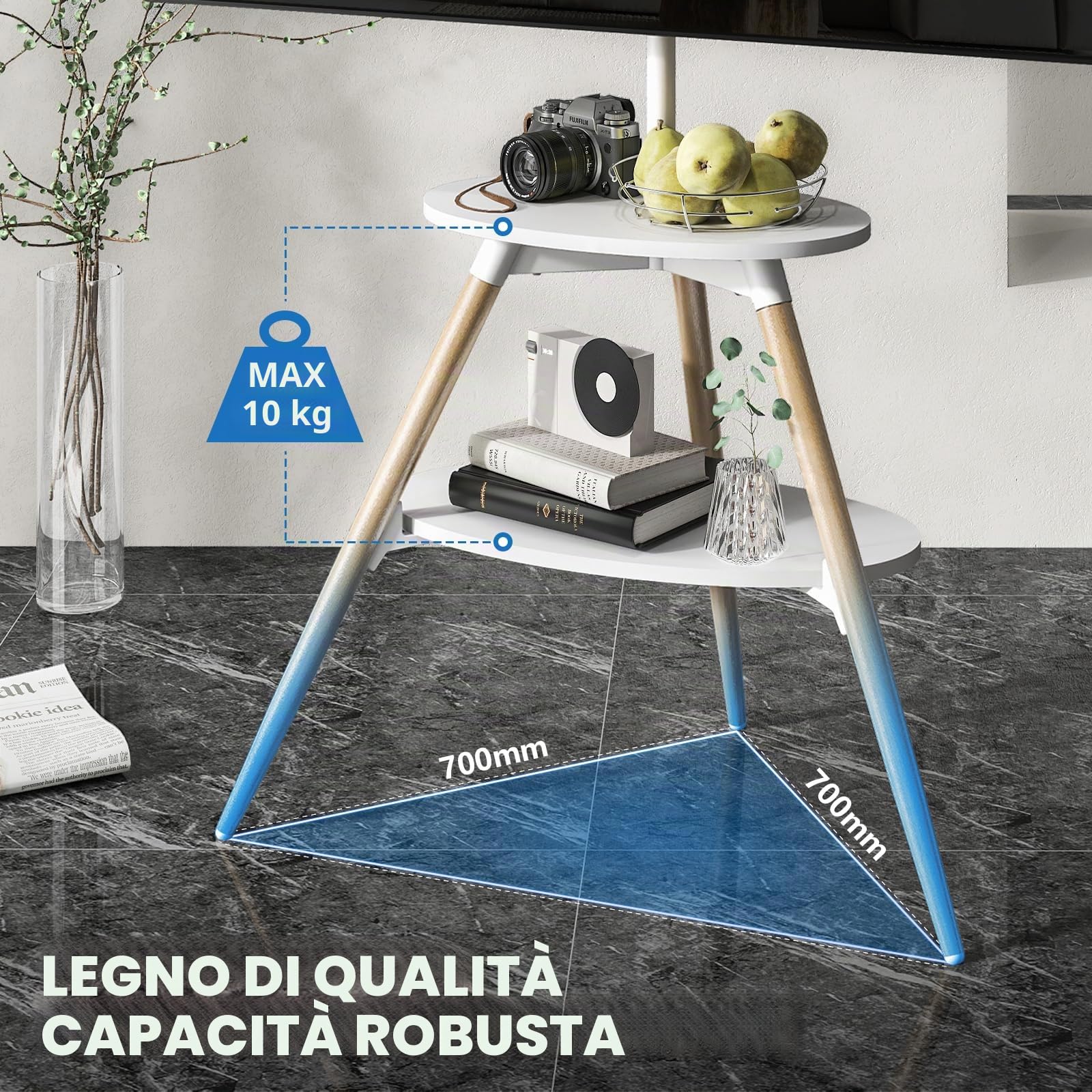 5Rcom Cavalletto per TV con 2 ripiani, girevole e regolabile in altezza, in legno, per schermo LED LCD OLED da 32-65 pollici, VESA max 400 x 400 mm, carico massimo 40 kg, bianco