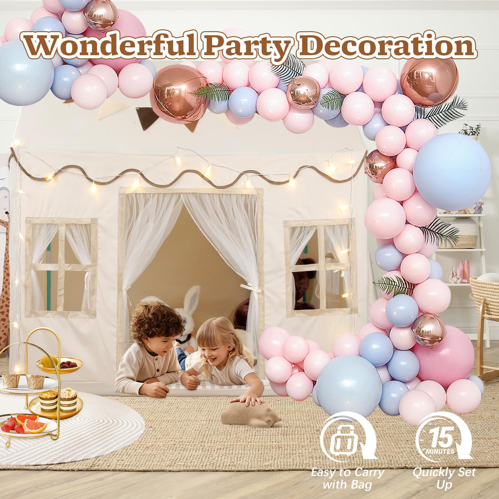 Tienda de campaña para niños, casa de juegos grande con cuerda de estrella, bandera, lavable a máquina, tienda de campaña para interiores y exteriores para niños, niñas y niños de 3 años en 7