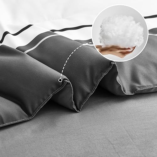 Miniatura 4 de Juego de edredón tamaño Queen de 7 piezas, juego de edredón a rayas grises y negras, juego de edredón alternativo de microfibra suave para todas las